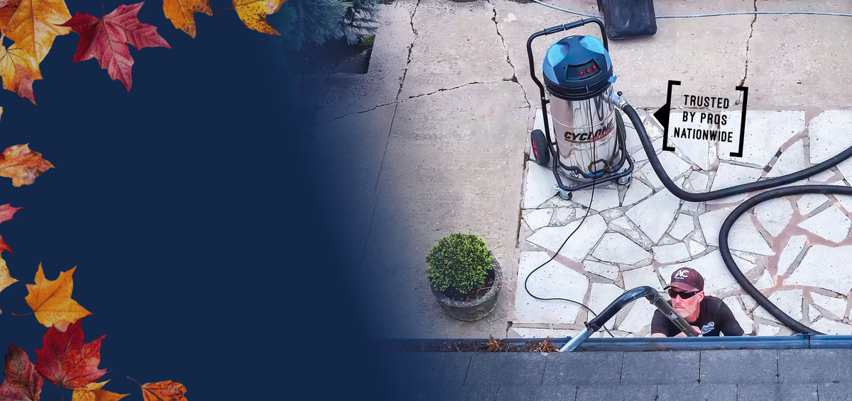 Cyclone gutter vacuum systems with high-reach poles for professional gutter cleaning from the safety of the ground.