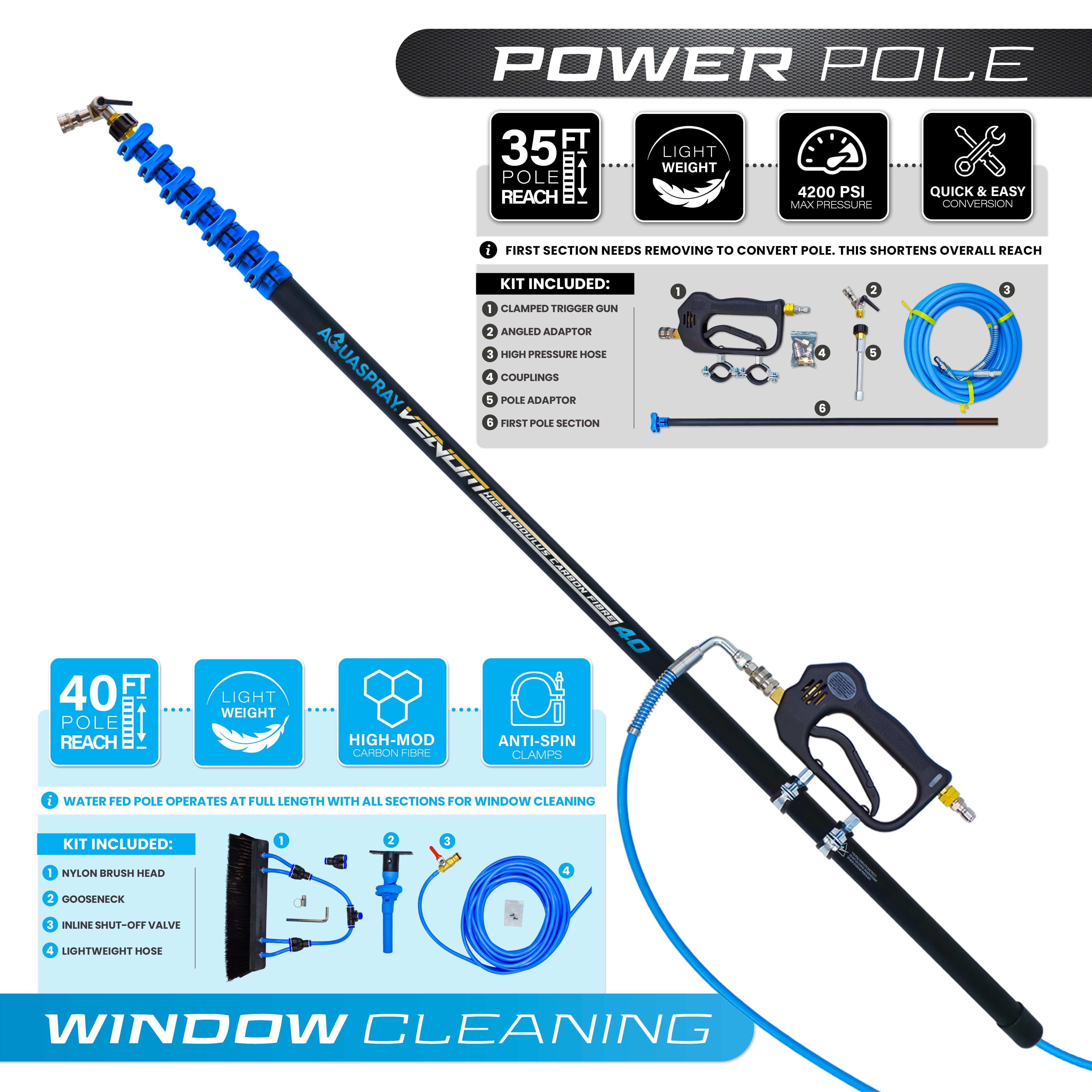 Venom 35ft Power Pole for Pressure Washers – 30T High-Mod Carbon Fibre