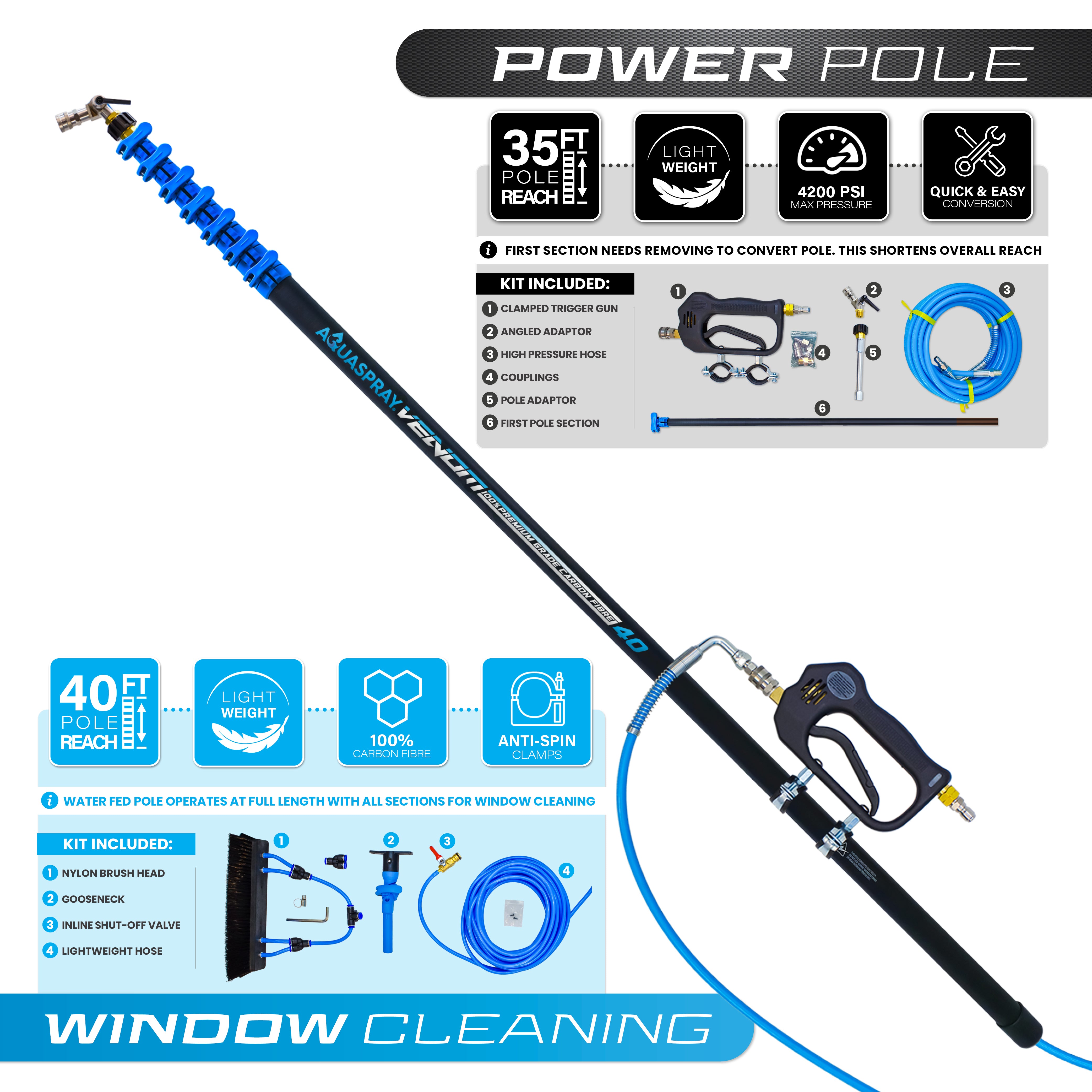 Venom 35ft Power Pole for Pressure Washers – 100% Carbon Fibre