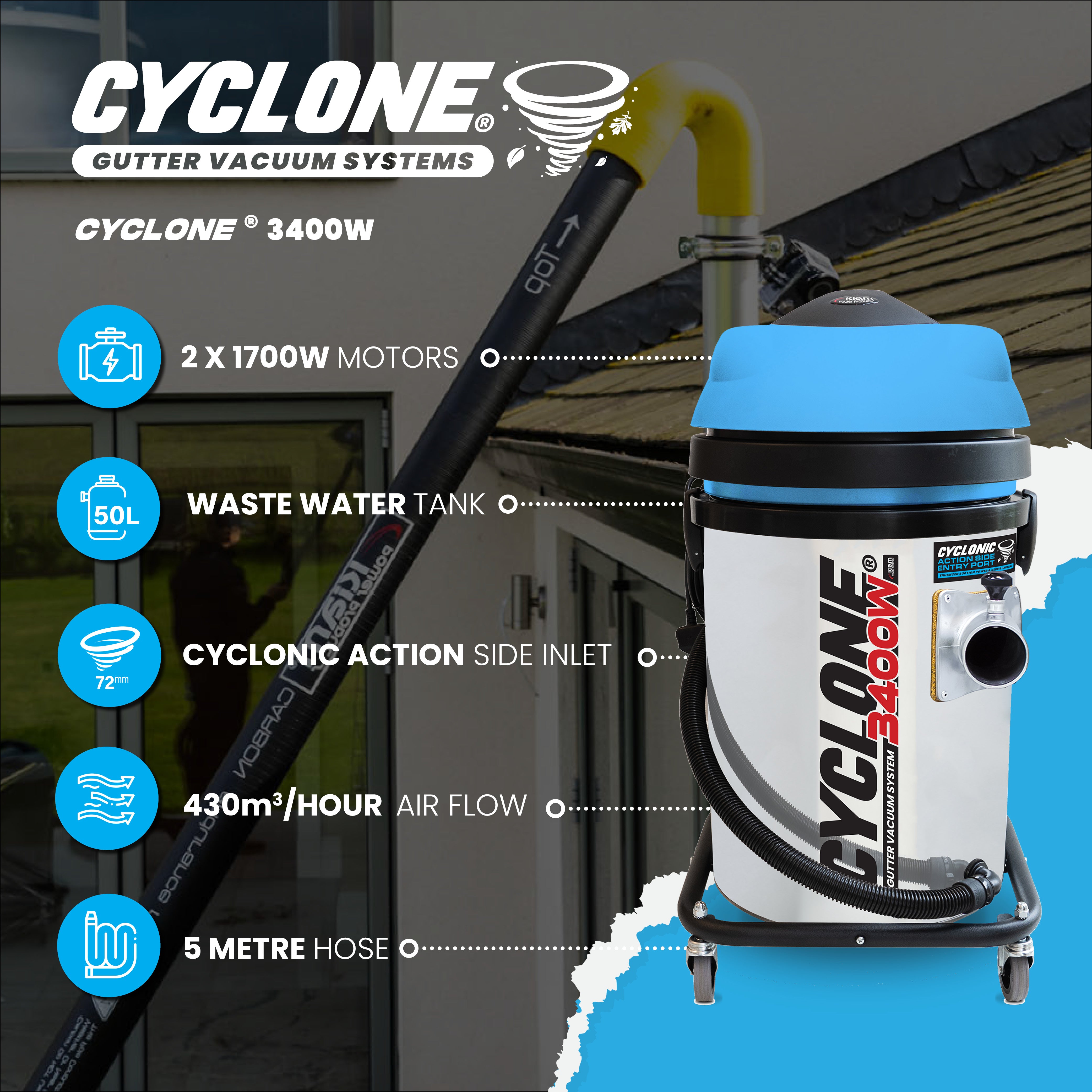 Aspirateur de gouttière Kiam CYCLONE® 3400W 50L