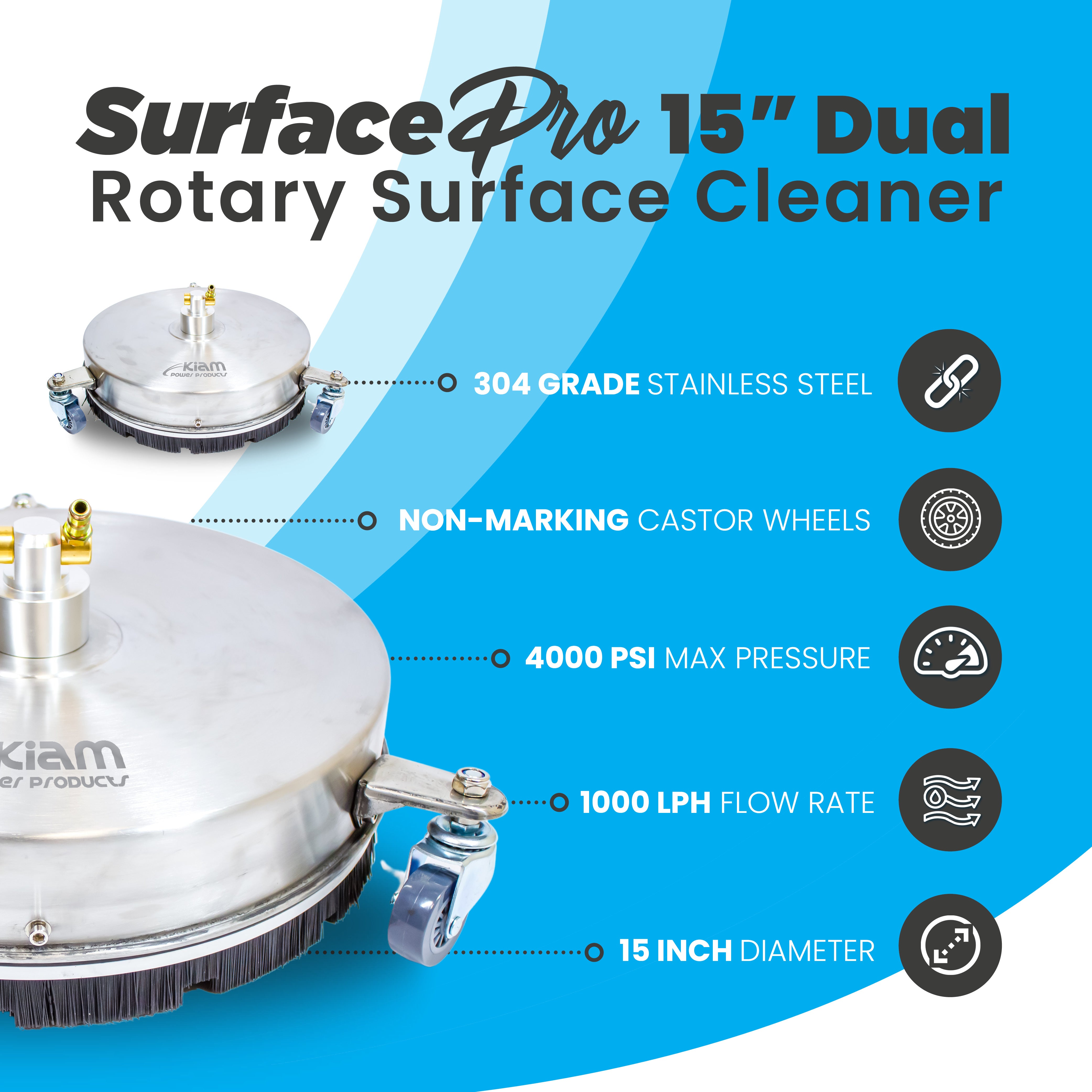 Kiam SurfacePro 15 Nettoyeur de surface rotatif pour outils de sol en acier 15"