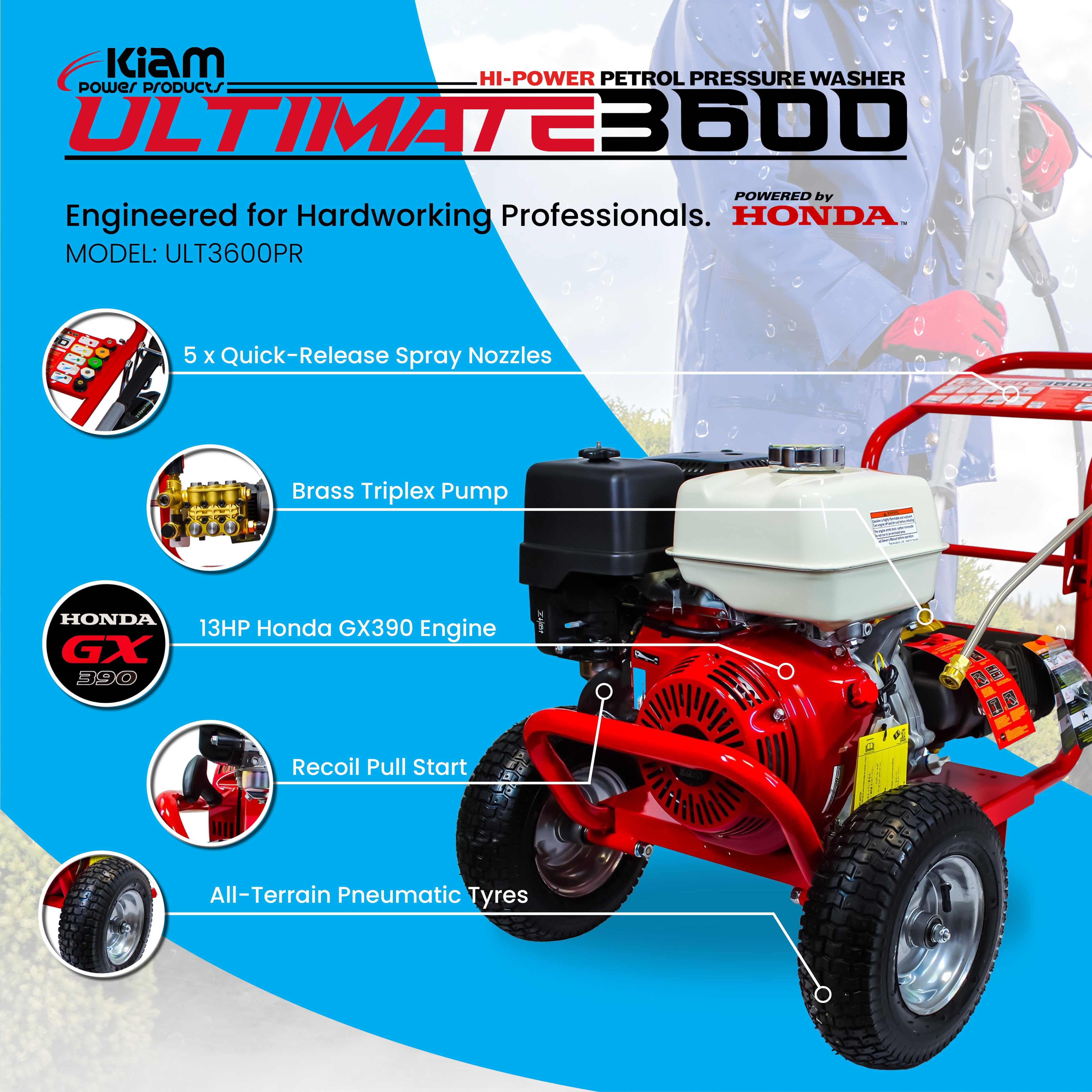 Nettoyeur haute pression à essence Kiam 3600PR Moteur Honda GX390 3600 PSI 15 LPM