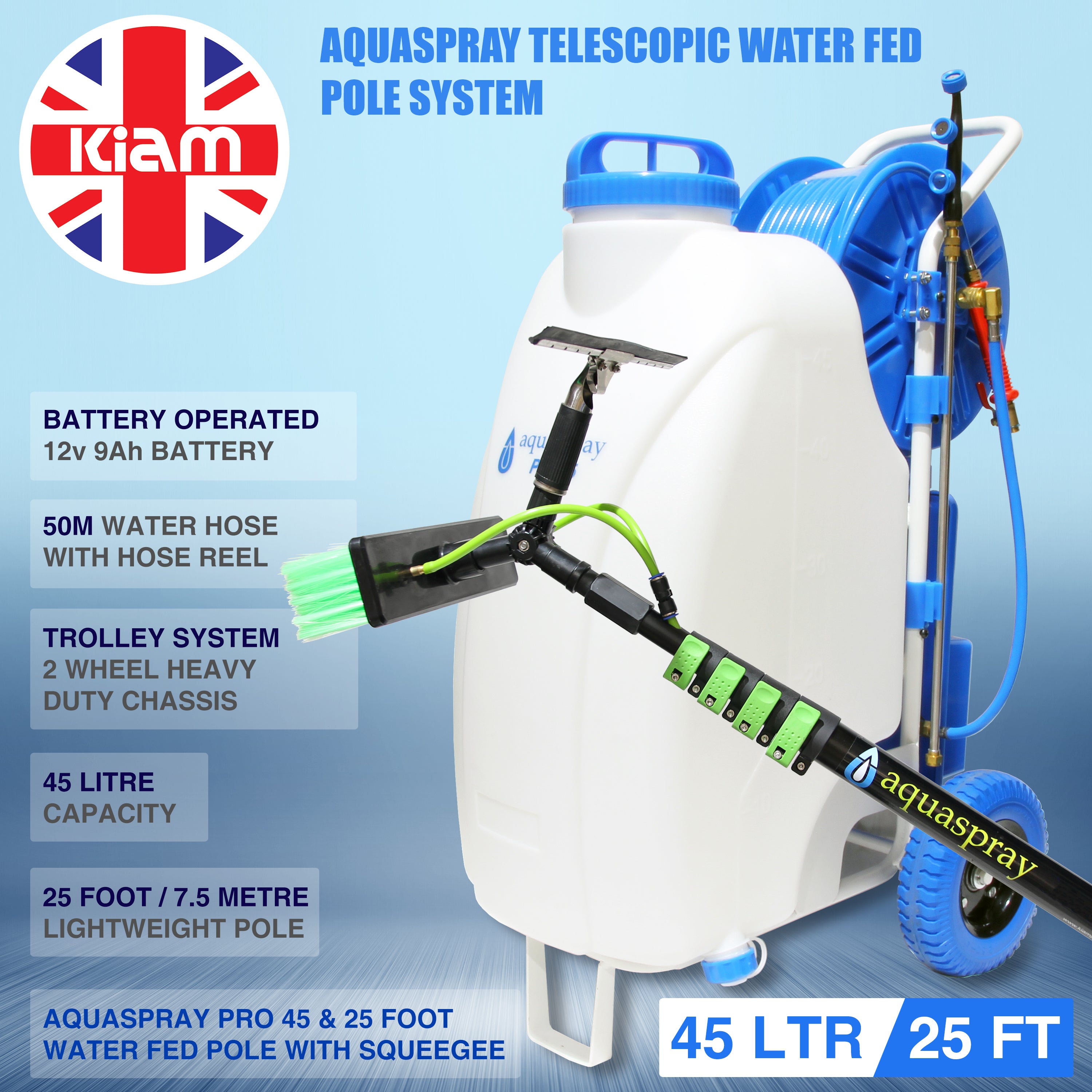 Aquaspray Pro 20L Window Cleaning Water Spray Tank 50m Hose Reel - Battery  Power