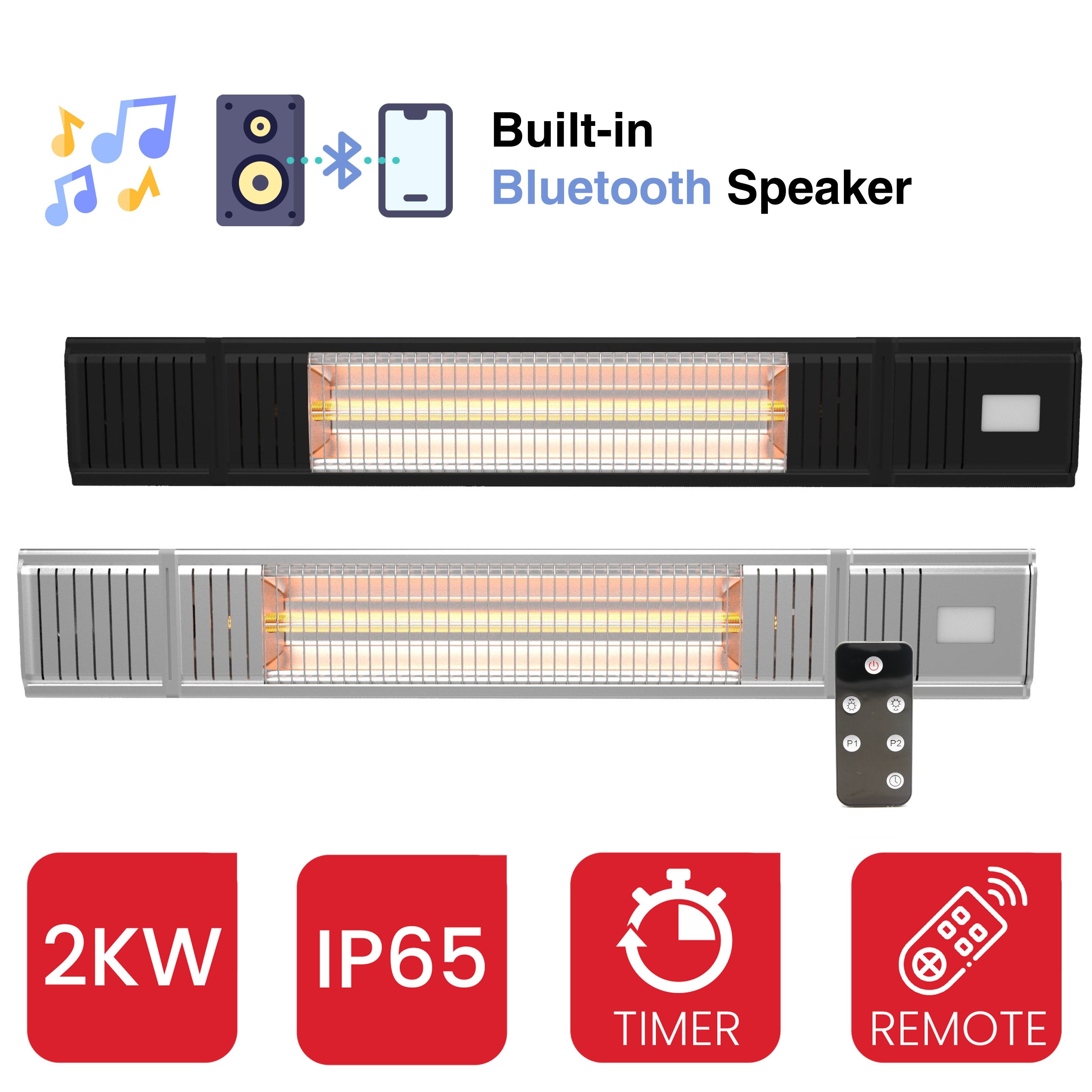 Castle Heaters - Chauffage de terrasse de jardin extérieur infrarouge Heatbeat 2KW avec haut-parleur Bluetooth et télécommande