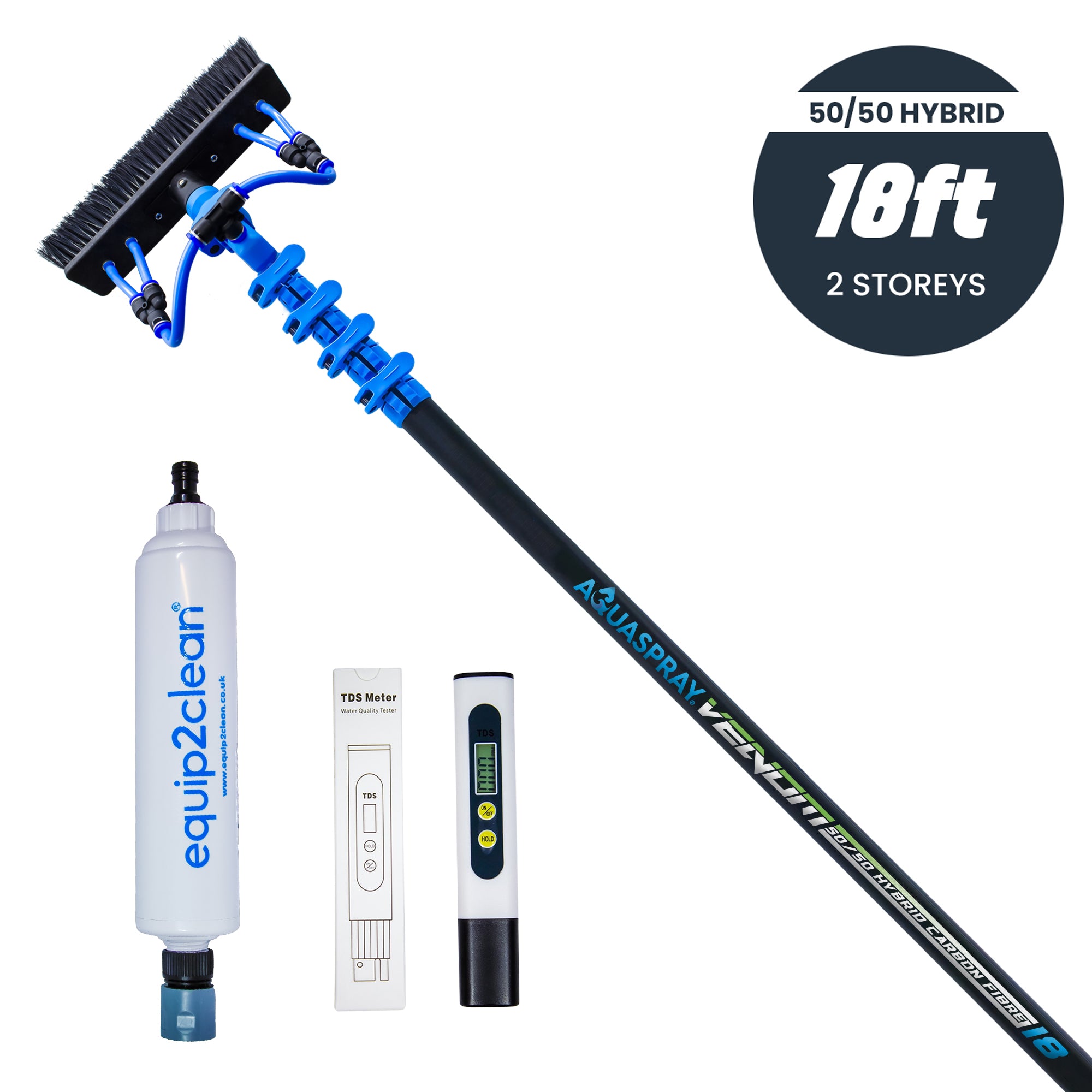 Aquaspray® Venom Bundle Kit - 18ft Water-fed Telescopic Window Cleaning Pole + Inline Di-Filter + TDS Meter