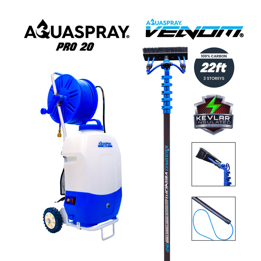 Aquaspray Pro 20L Battery Operated Water Spray Tank with Aquaspray Venom 22ft 100% Carbon Fibre Kevlar Insulated Waterfed Window Cleaning Pole