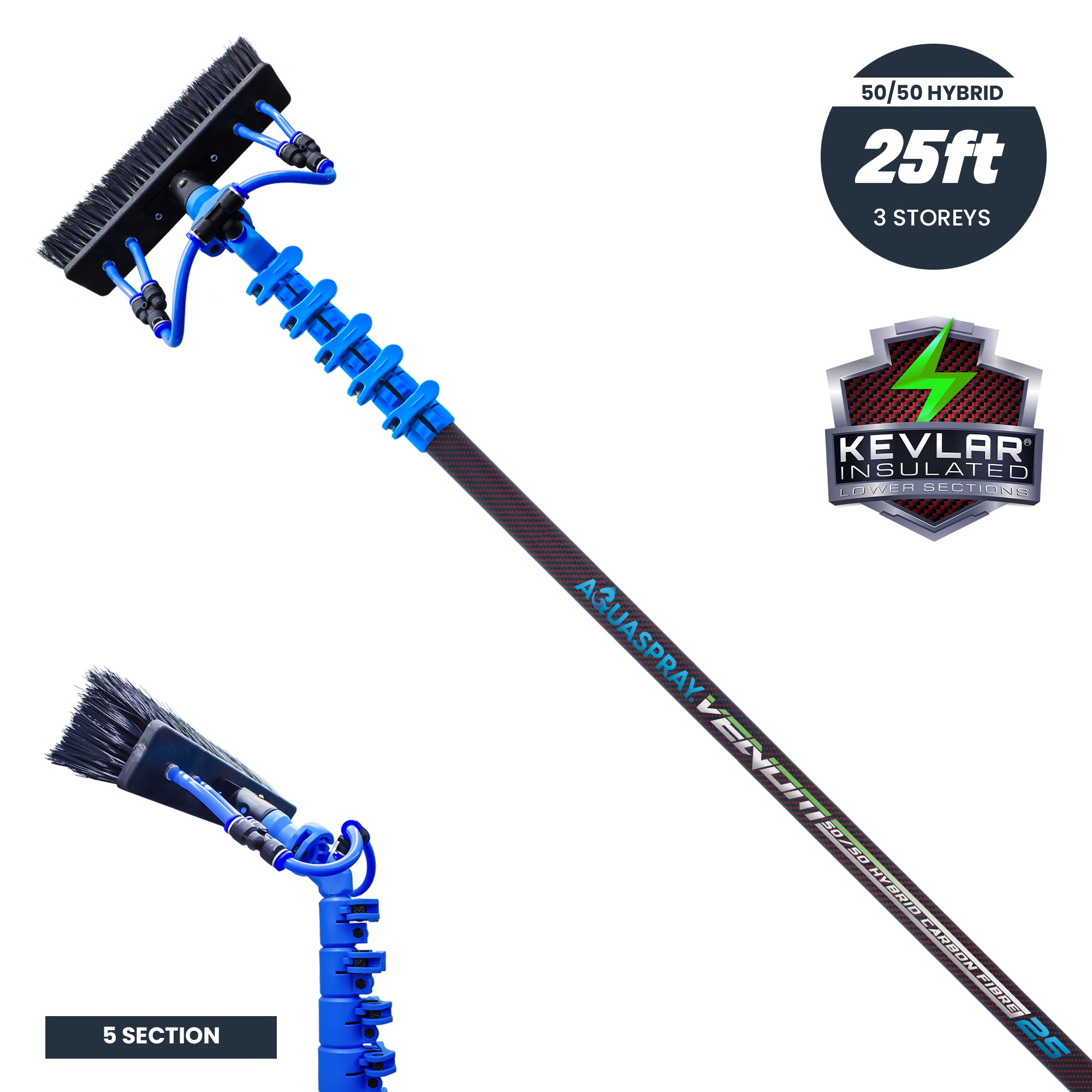 Aquaspray® Venom 25ft Hybrid 50% Carbon, 50% Fiberglass Waterfed Window Cleaning Pole – 5 Sections