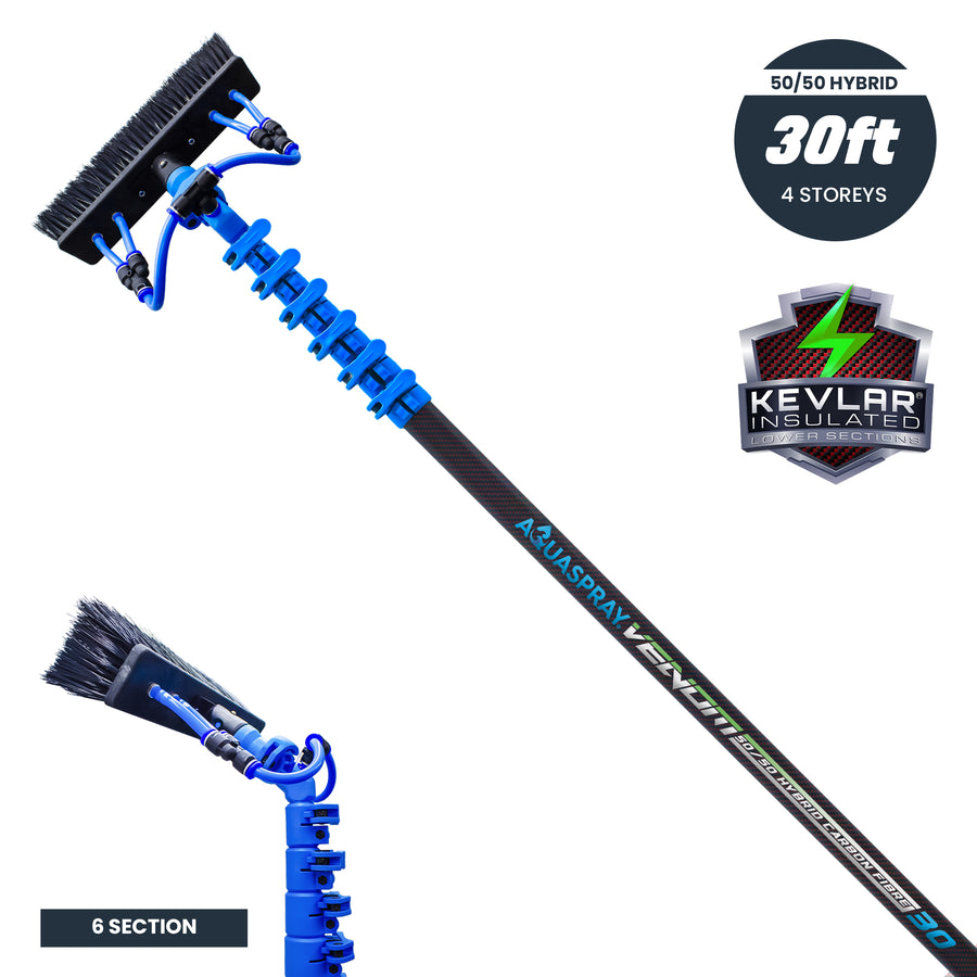 Aquaspray Venom 30ft Kevlar Insulated 50% Carbon 50% Fiberglass Waterfed Window Cleaning Pole – 6 Sections