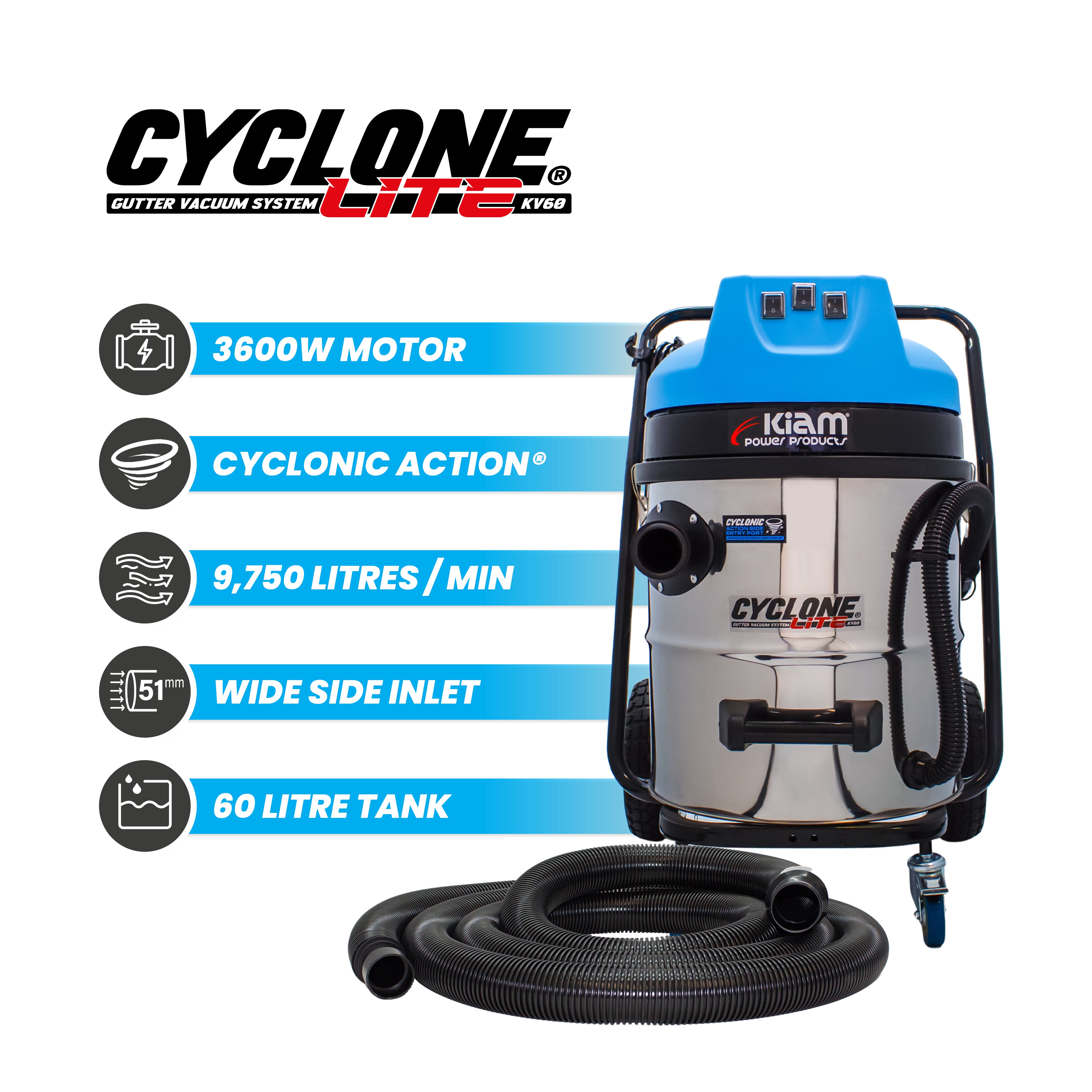 Cyclone Lite® KV60 Gutter Vacuum 3600W - Side Entry