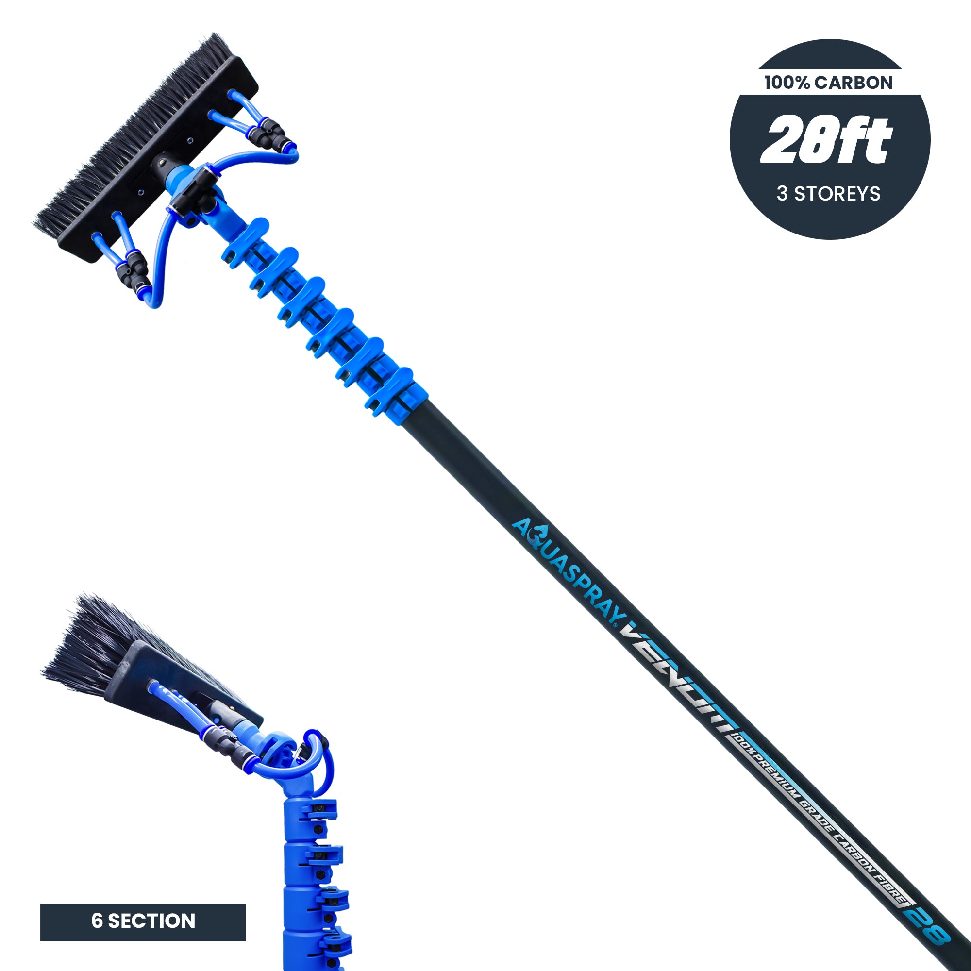 Aquaspray® Venom 28ft 100% Carbon Fibre Waterfed Window Cleaning Pole 6-Section