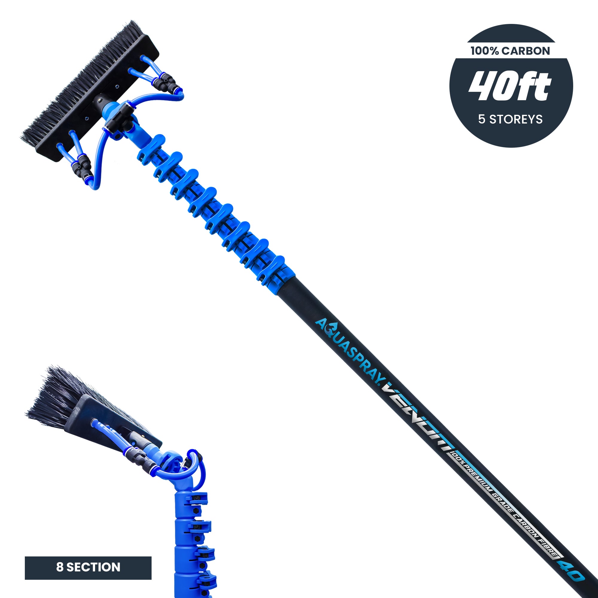 Aquaspray® Venom 40ft 100% Carbon Fibre Waterfed Window Cleaning Pole 8-Section