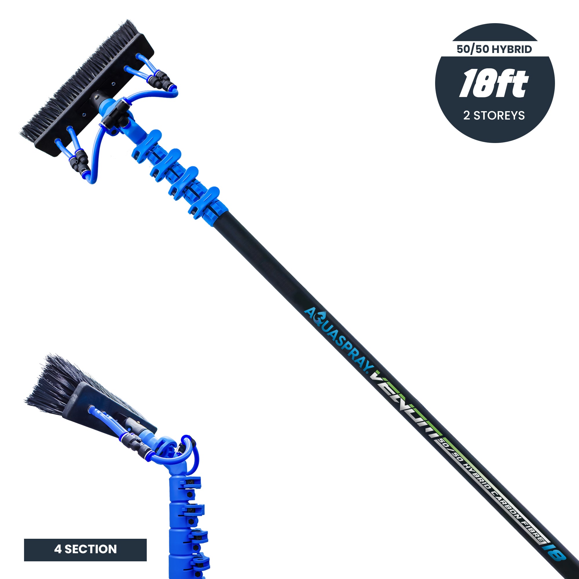 Aquaspray® Venom 18ft 50% Carbon 50% Fiberglass Waterfed Window Cleaning Pole – 4 Sections