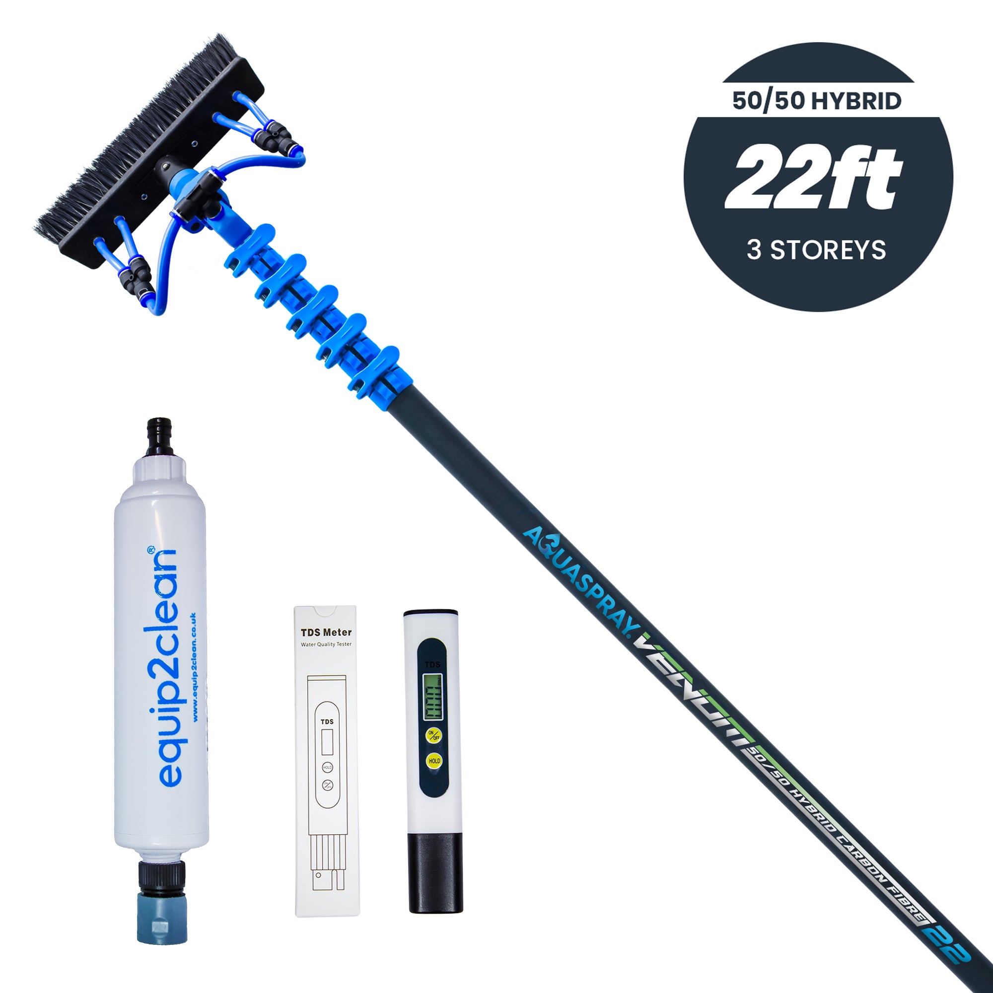 Aquaspray® Venom Bundle Kit - 22ft Water-fed Telescopic Window Cleaning Pole + Inline Di-Filter + TDS Meter