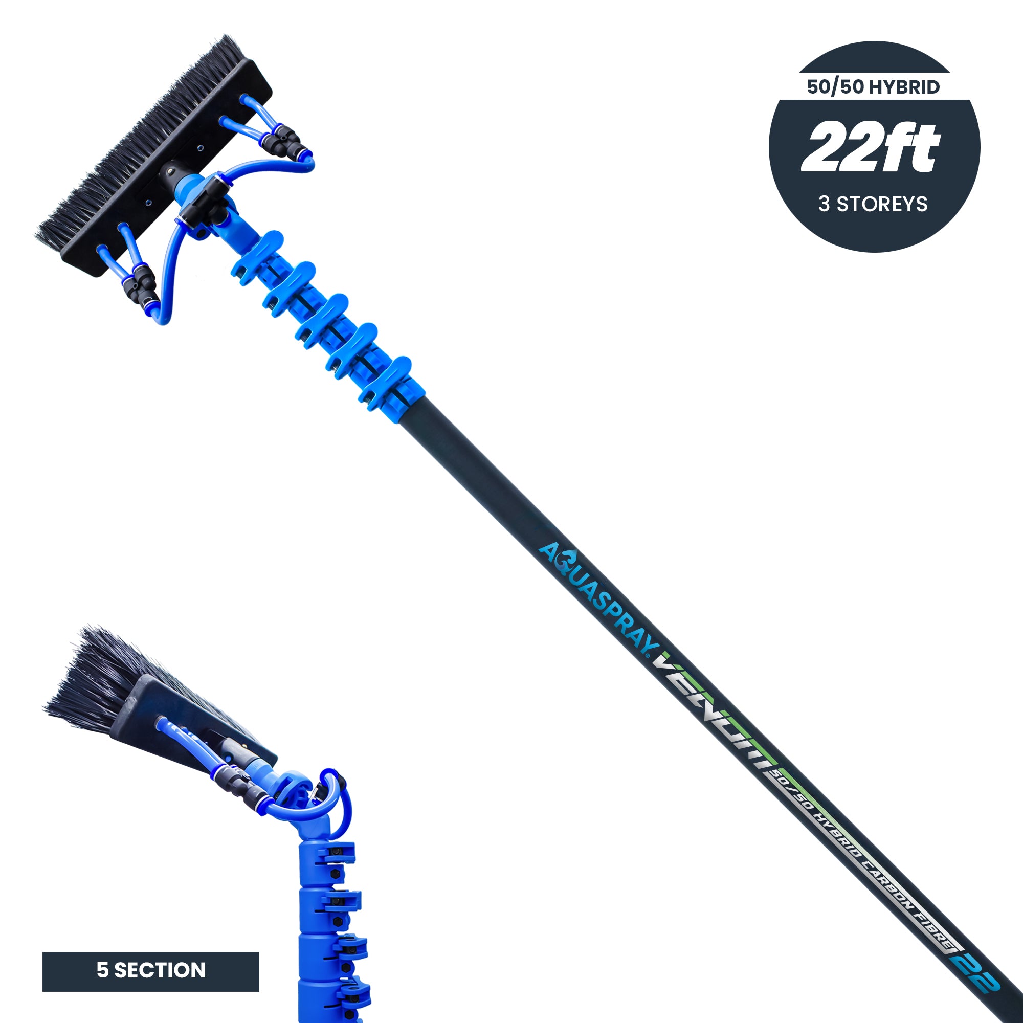 Aquaspray® Venom 22ft 50% Carbon 50% Fiberglass Waterfed Window Cleaning Pole – 5 Sections