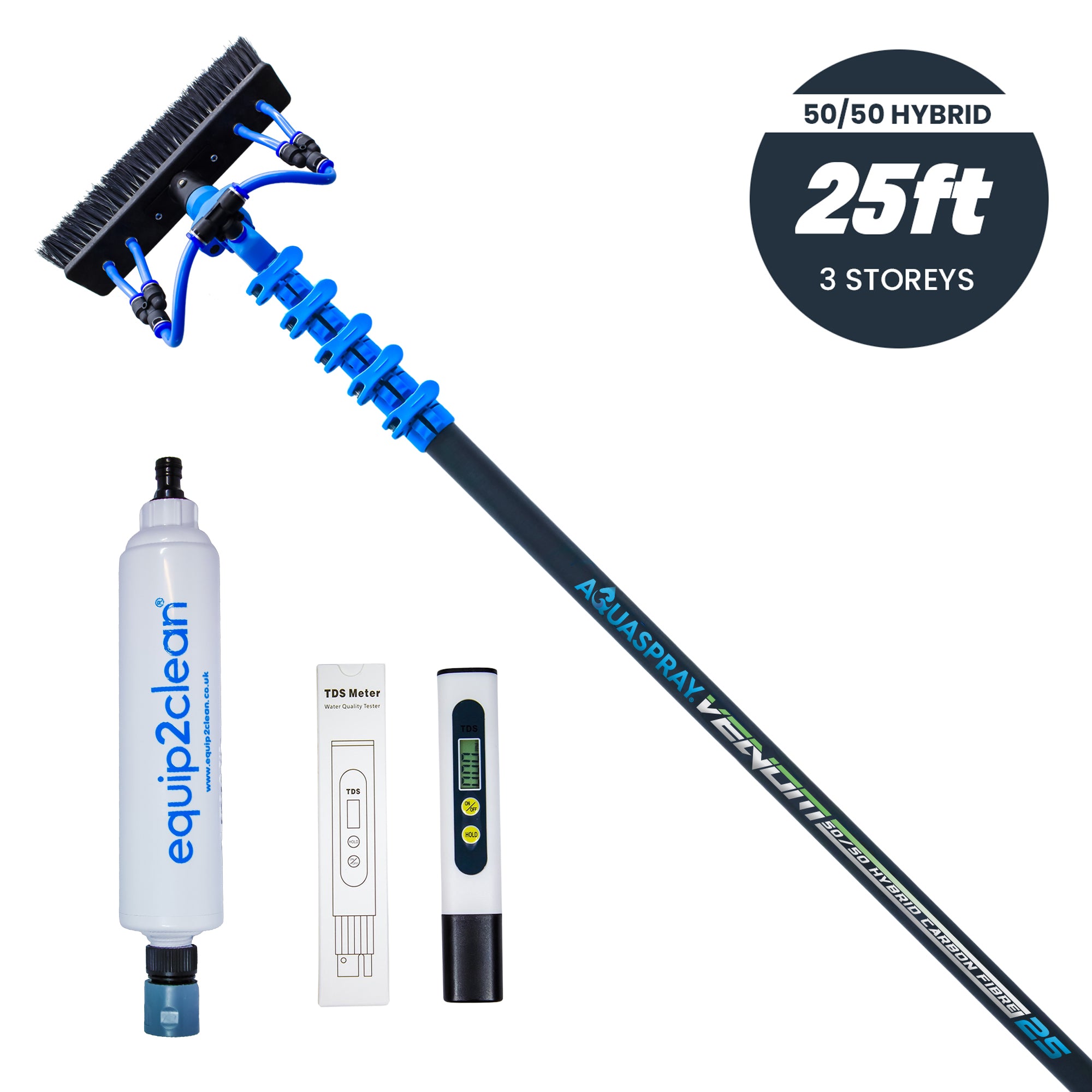 Aquaspray® Venom Bundle Kit - 25ft Water-fed Telescopic Window Cleaning Pole + Inline Di-Filter + TDS Meter