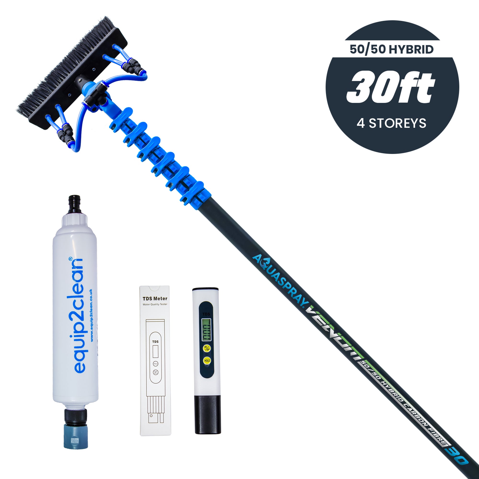 Aquaspray® Venom Bundle Kit - 30ft Water-fed Telescopic Window Cleaning Pole + Inline Di-Filter + TDS Meter