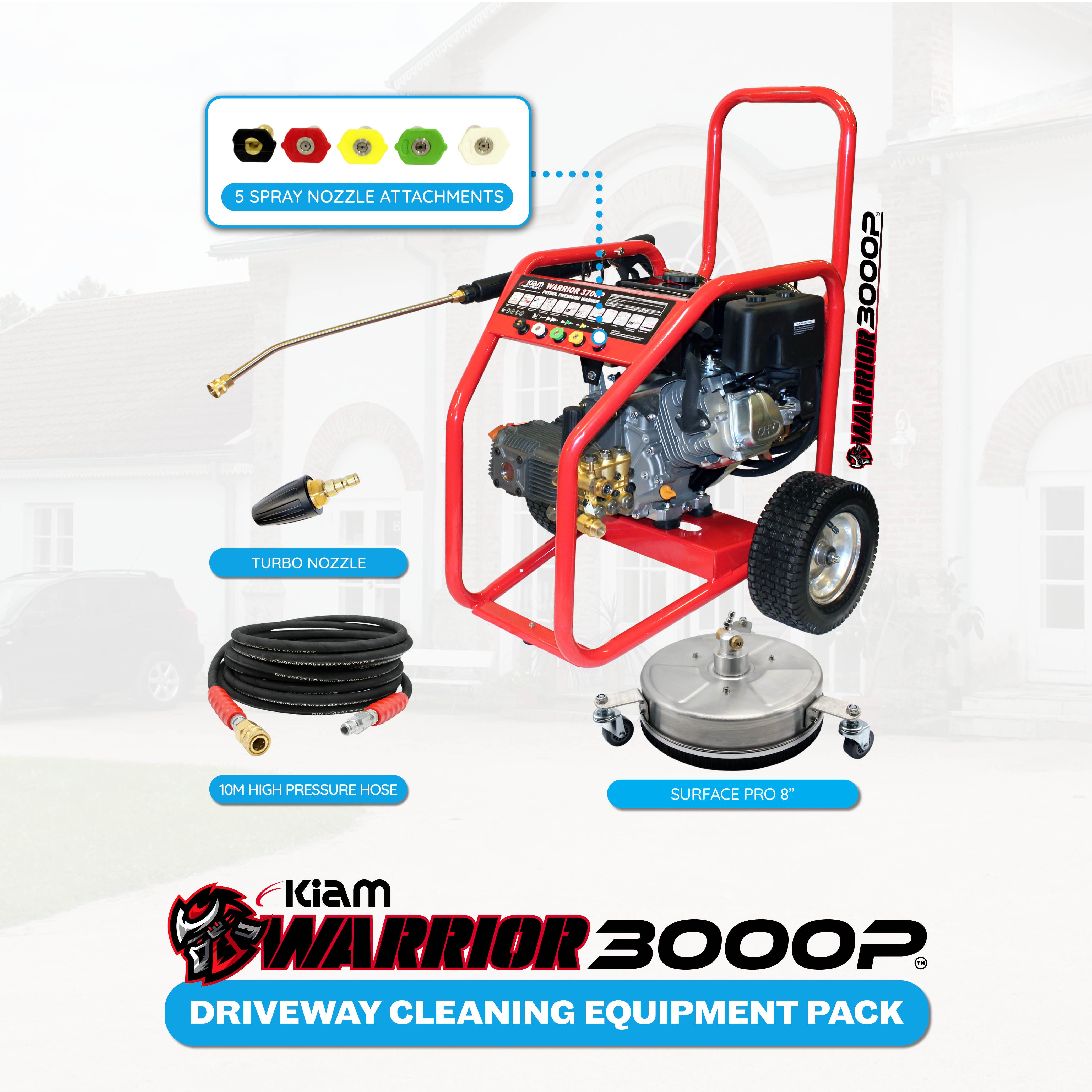 Driveway Cleaning Equipment - Warrior 3000P Petrol Pressure Washer, SurfacePro 8 Rotary Surface Cleaner and Turbo Nozzle