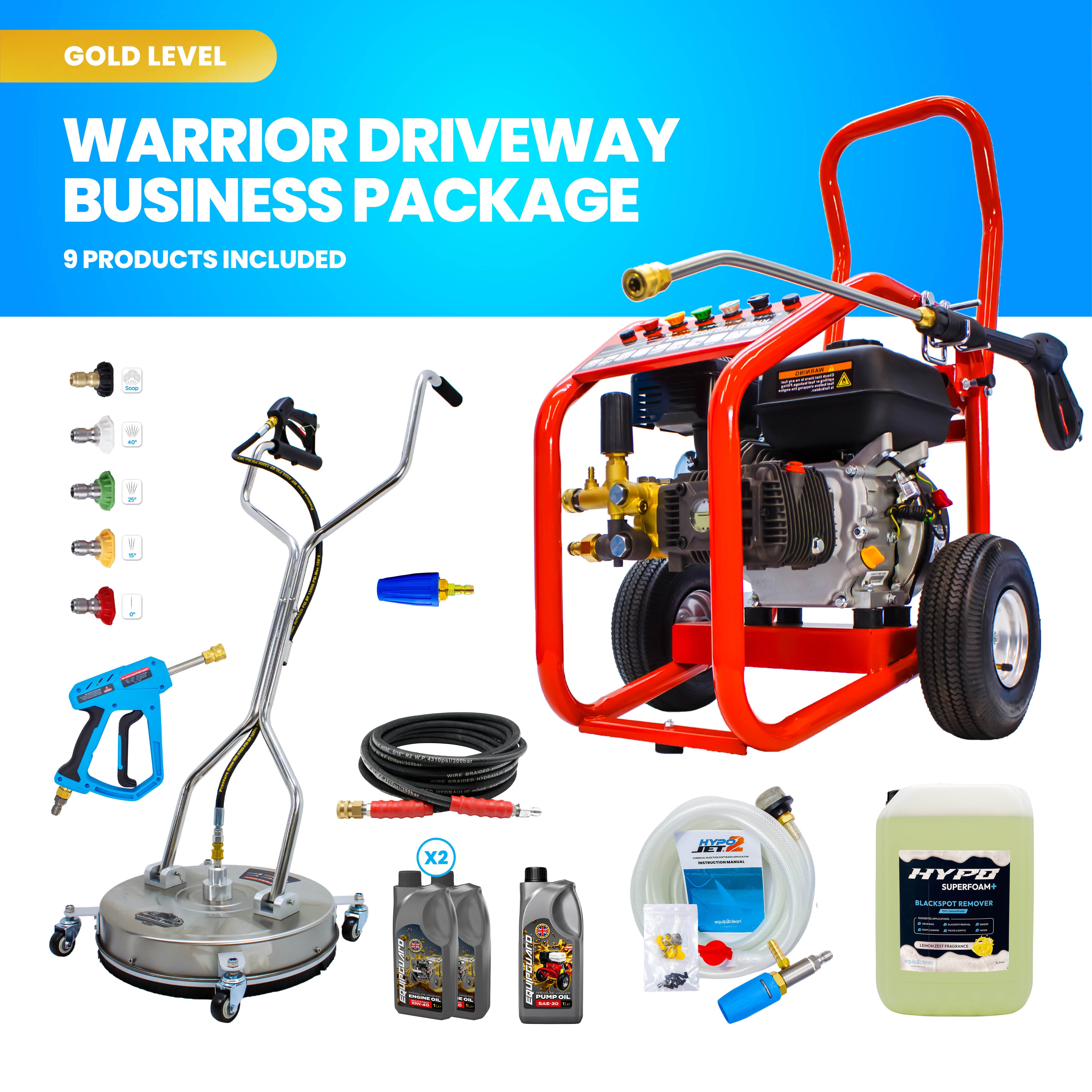 Driveway Cleaning Equipment Package - Warrior 3700P Petrol Pressure Washer, SurfacePro 18 Rotary Surface Cleaner and Turbo Nozzle