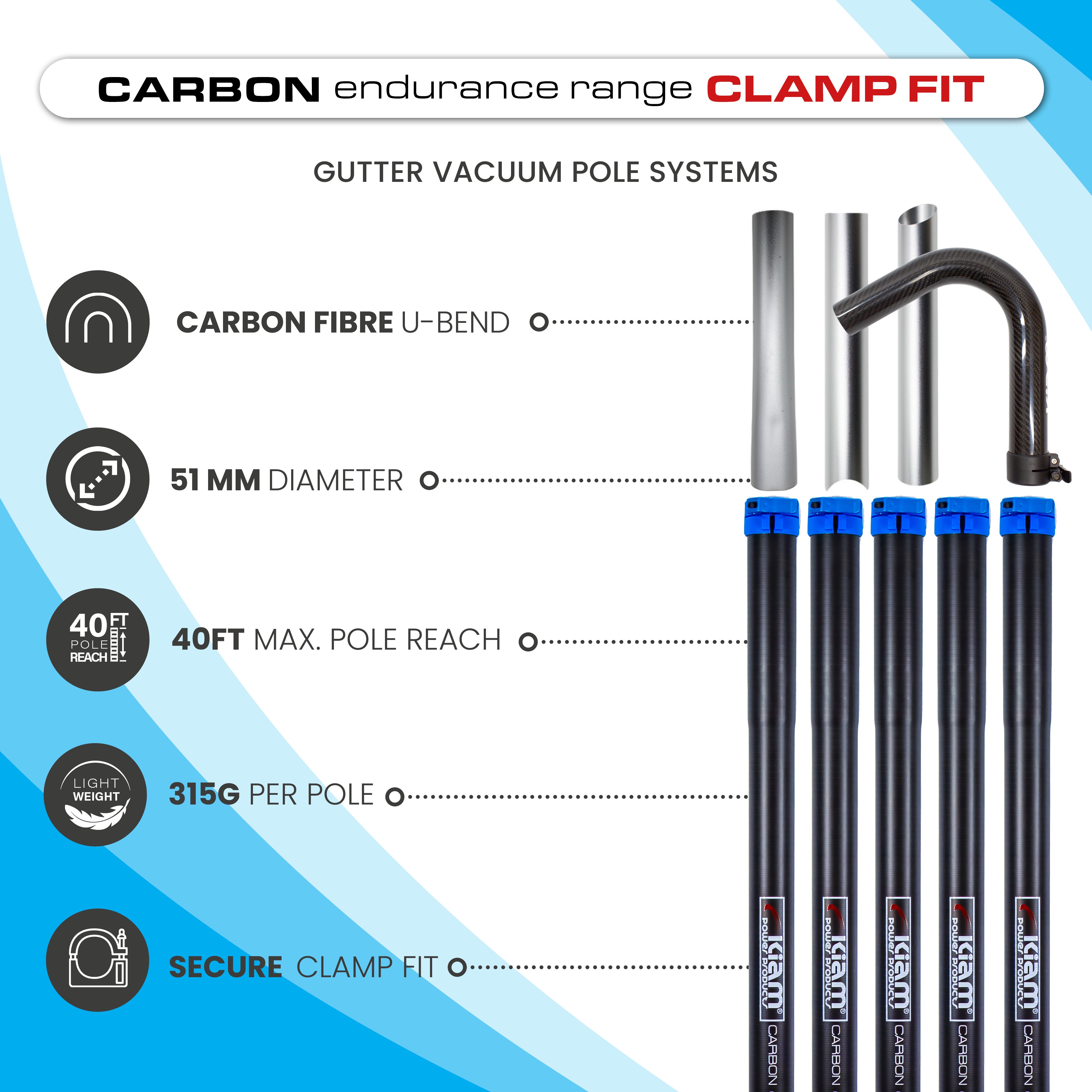 Clamped Carbon Fibre Gutter Vacuum Pole Kits (51mm Diameter) 20ft-40ft