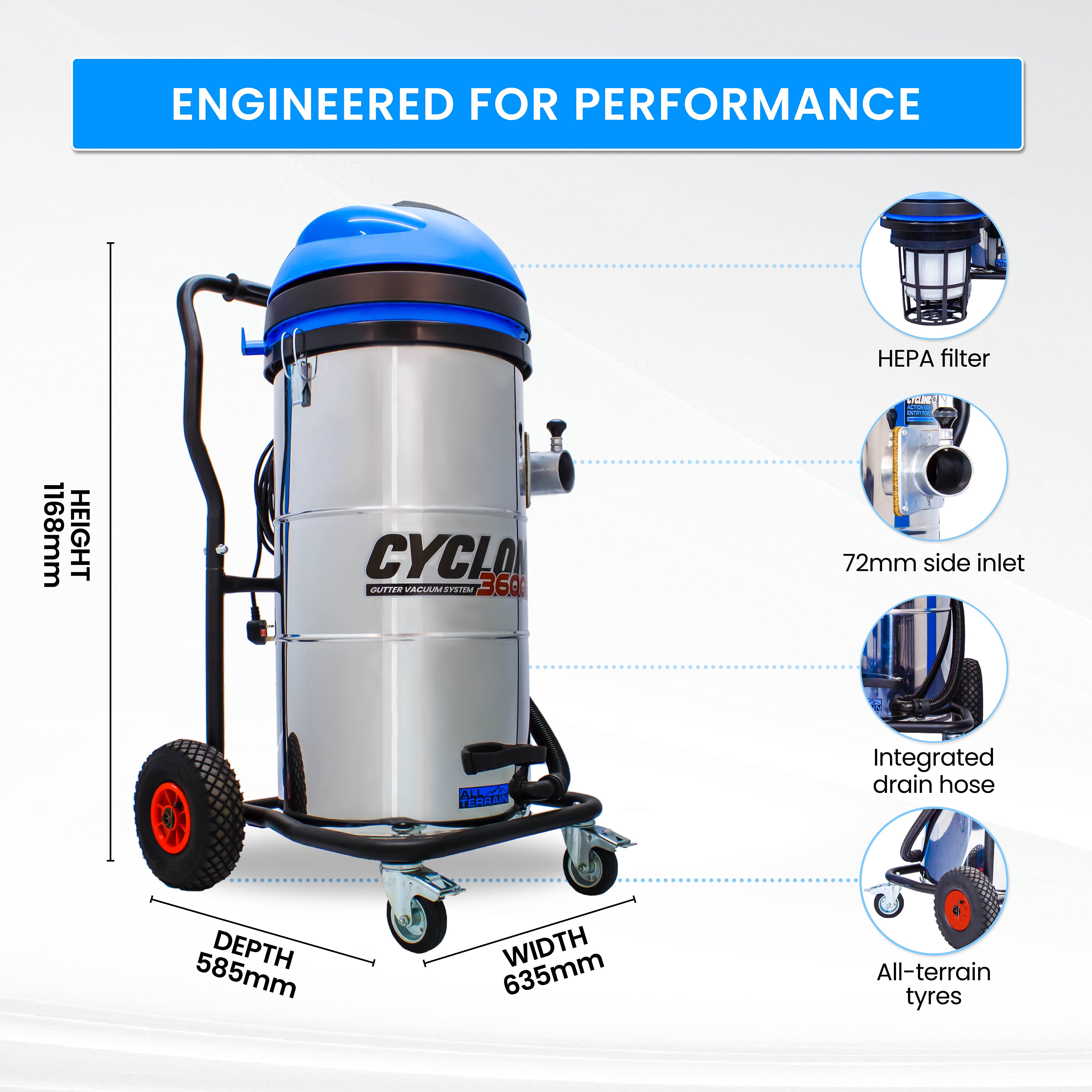 Kiam CYCLONE® All Terrain Gutter Vacuum System 3600W 100L Stainless Steel