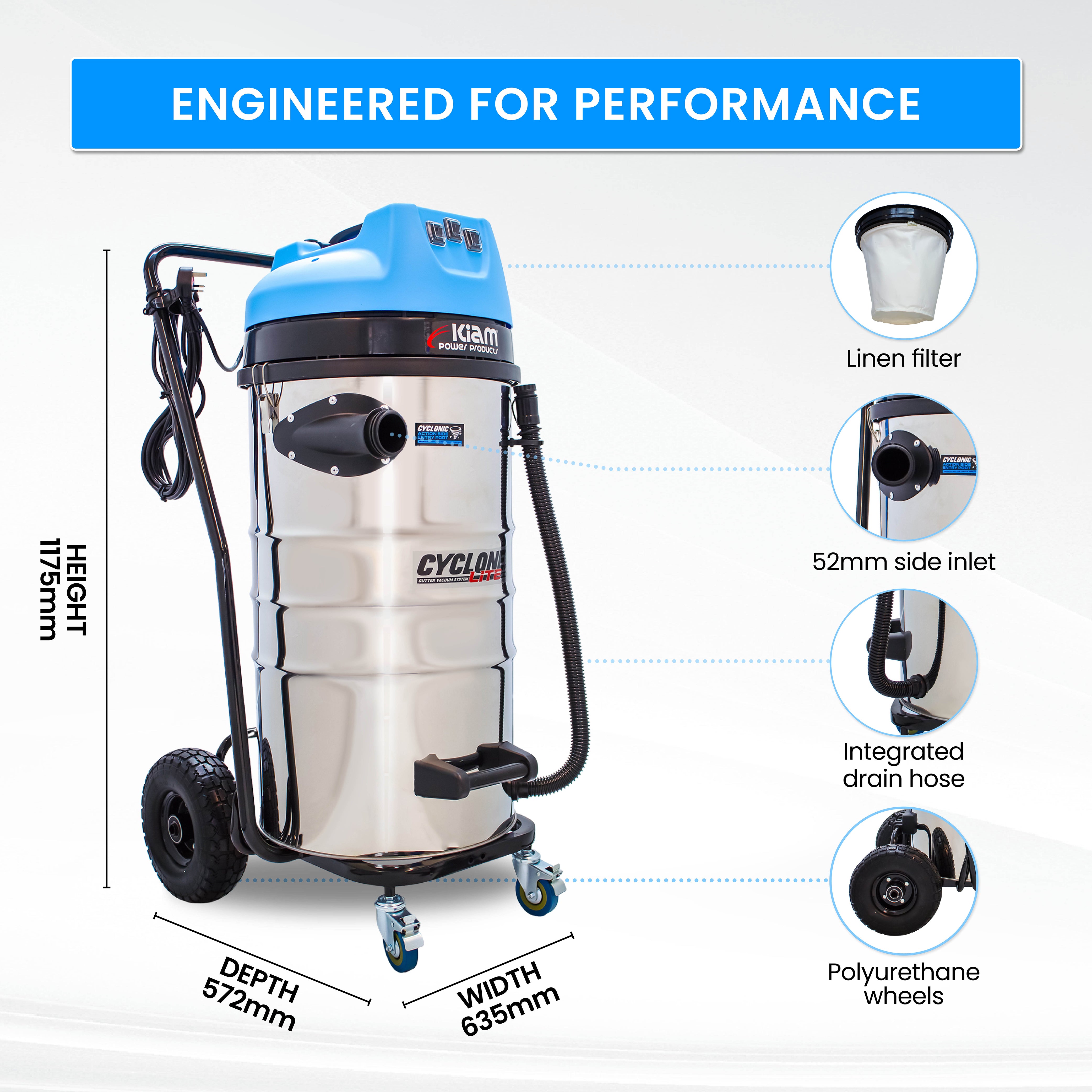 Cyclone Lite® KV100 Gutter Vacuum 3600W - Side Entry