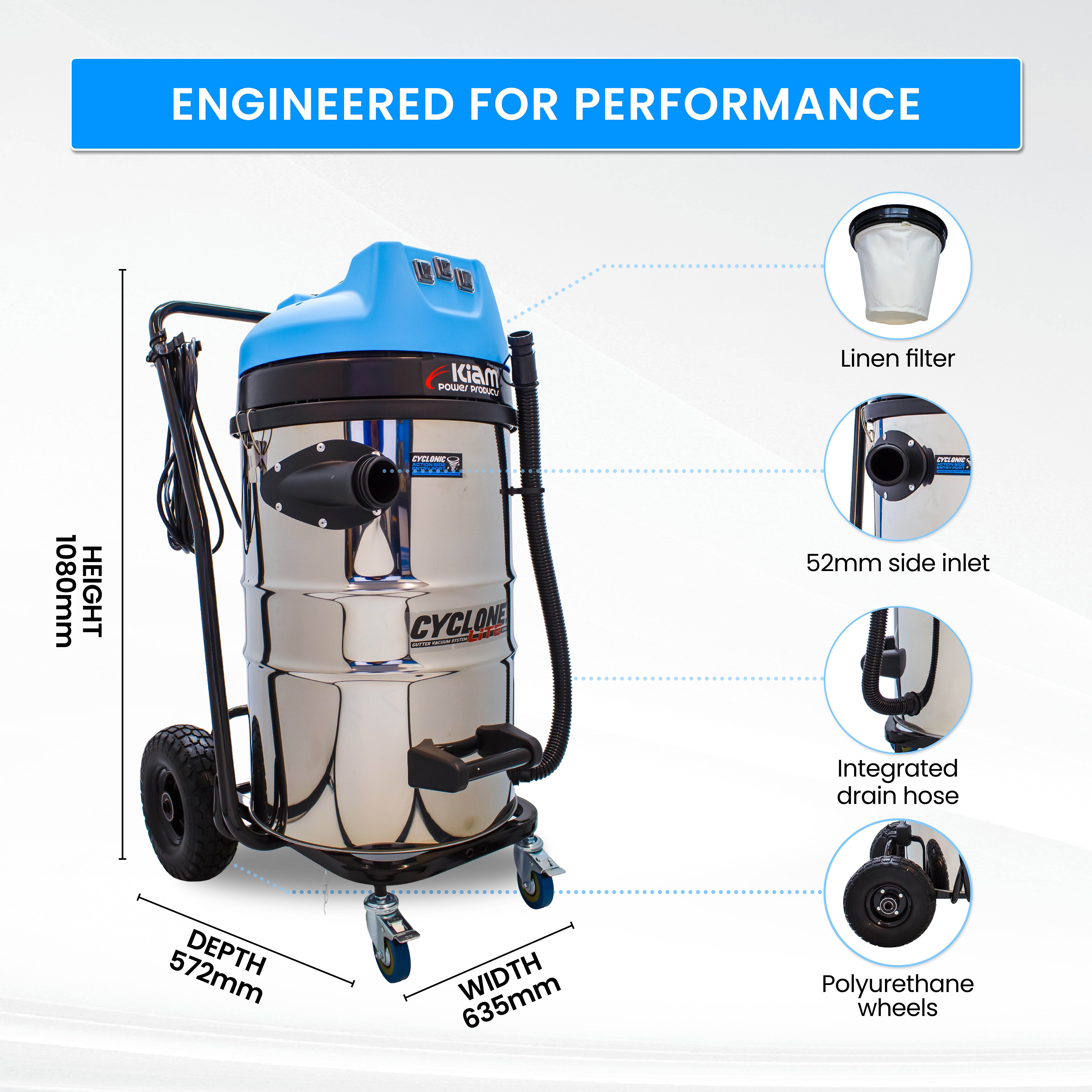 Cyclone Lite® KV80 Gutter Vacuum 3600W - Side Entry