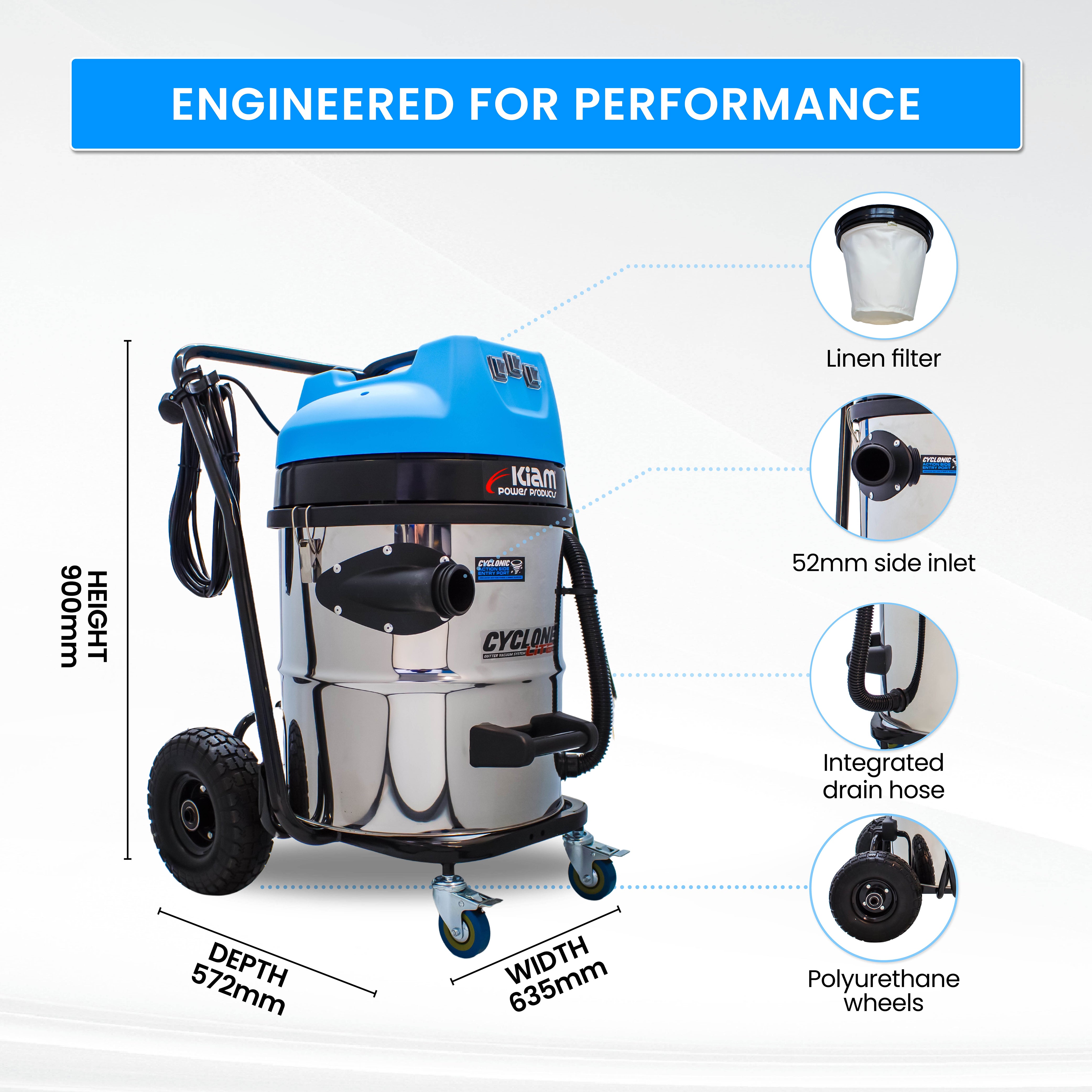 Cyclone Lite® KV60 Gutter Vacuum 3600W - Side Entry