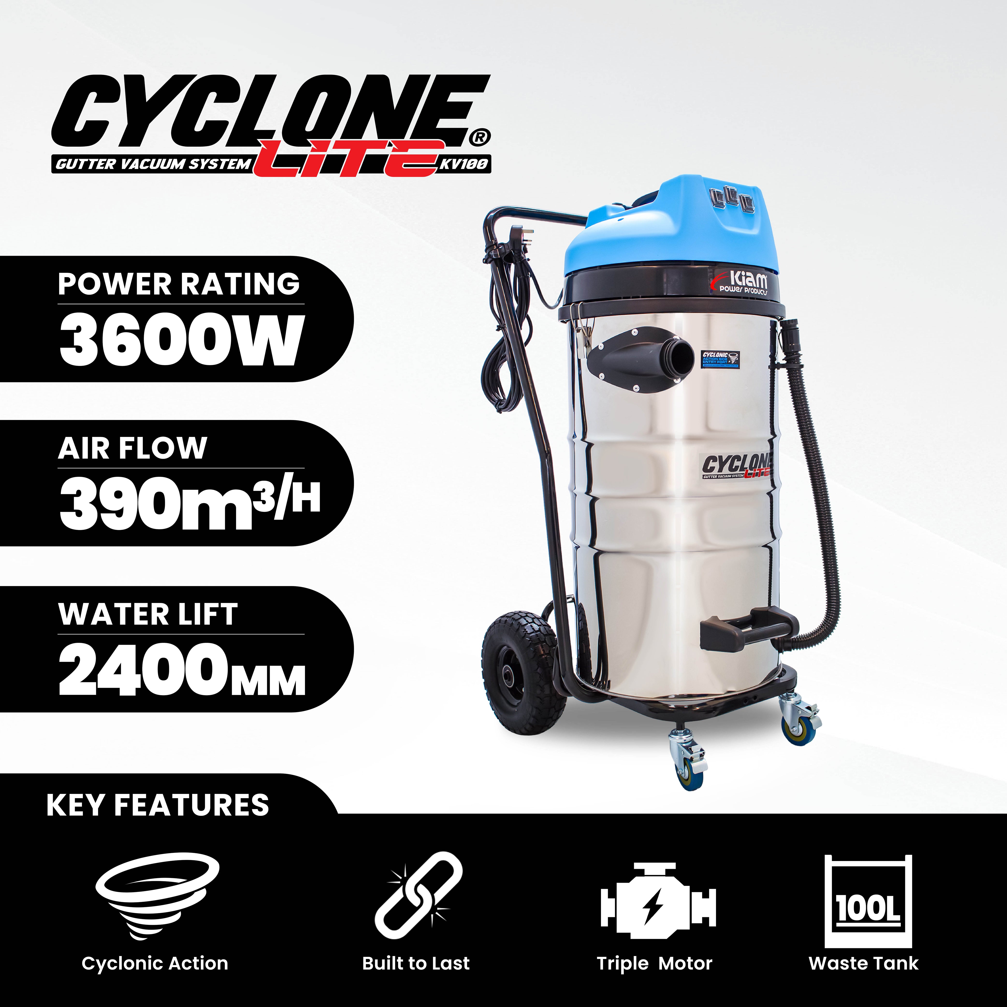 Cyclone Lite® KV100 Gutter Vacuum 3600W - Side Entry