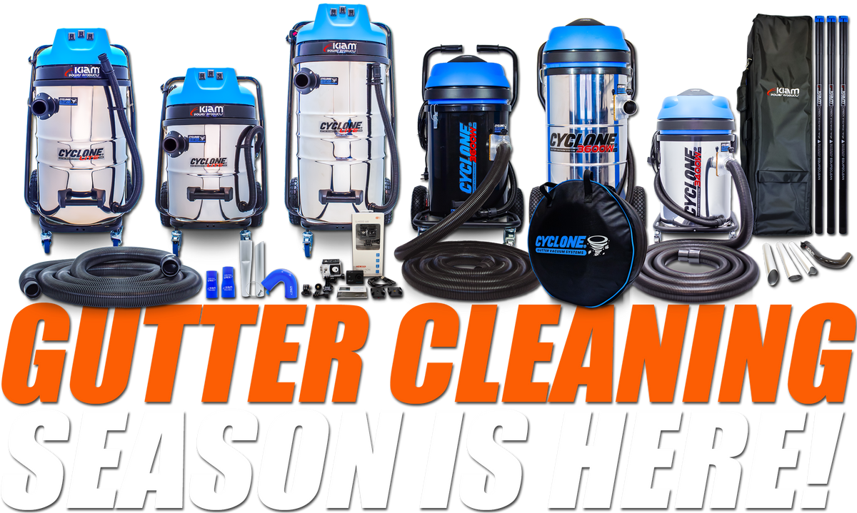 Cyclone gutter vacuum systems with high-reach poles for professional gutter cleaning from the safety of the ground.
