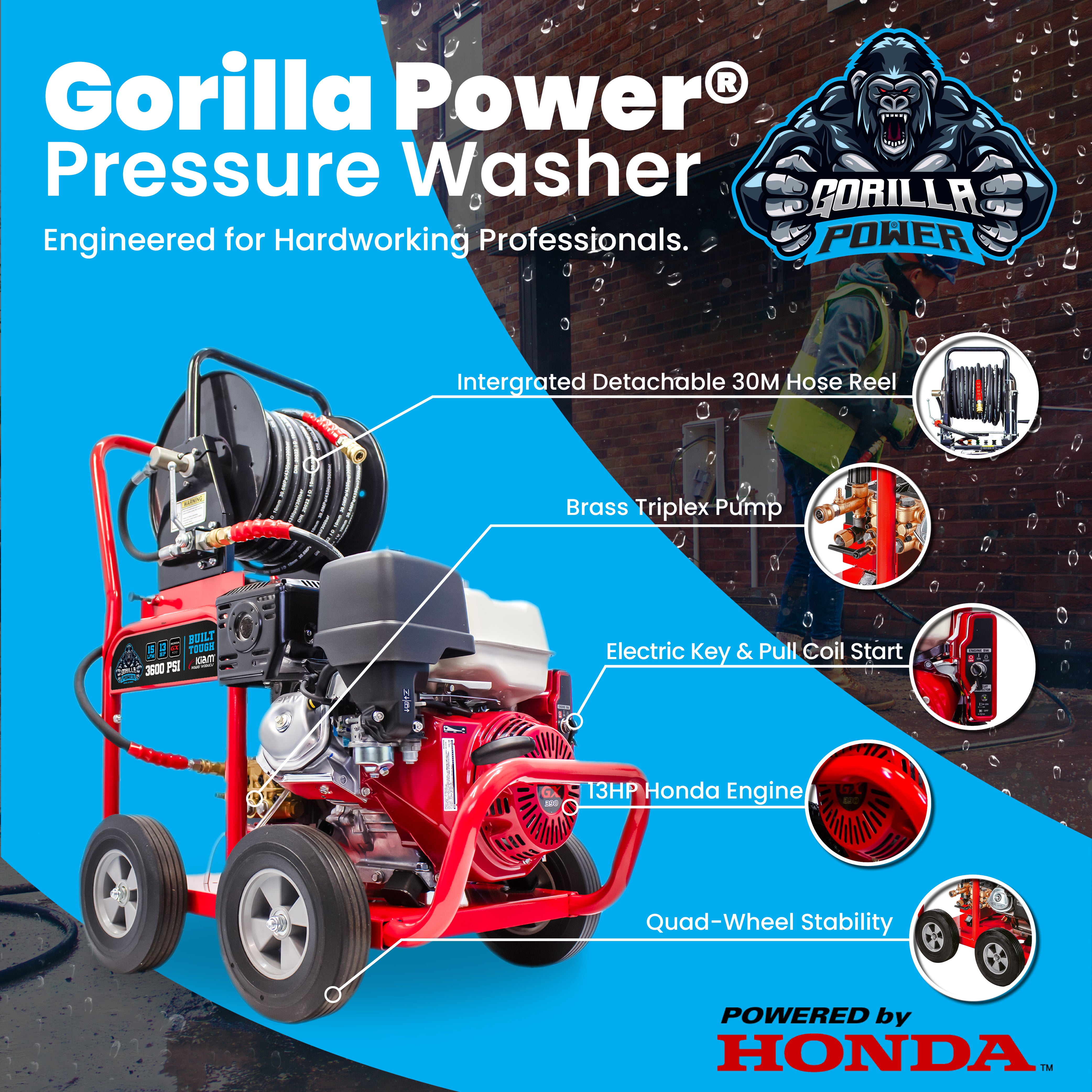 Kiam GORILLA POWER® 3600PSI 15LPM 13HP Petrol Pressure Washer Honda GX390 Engine