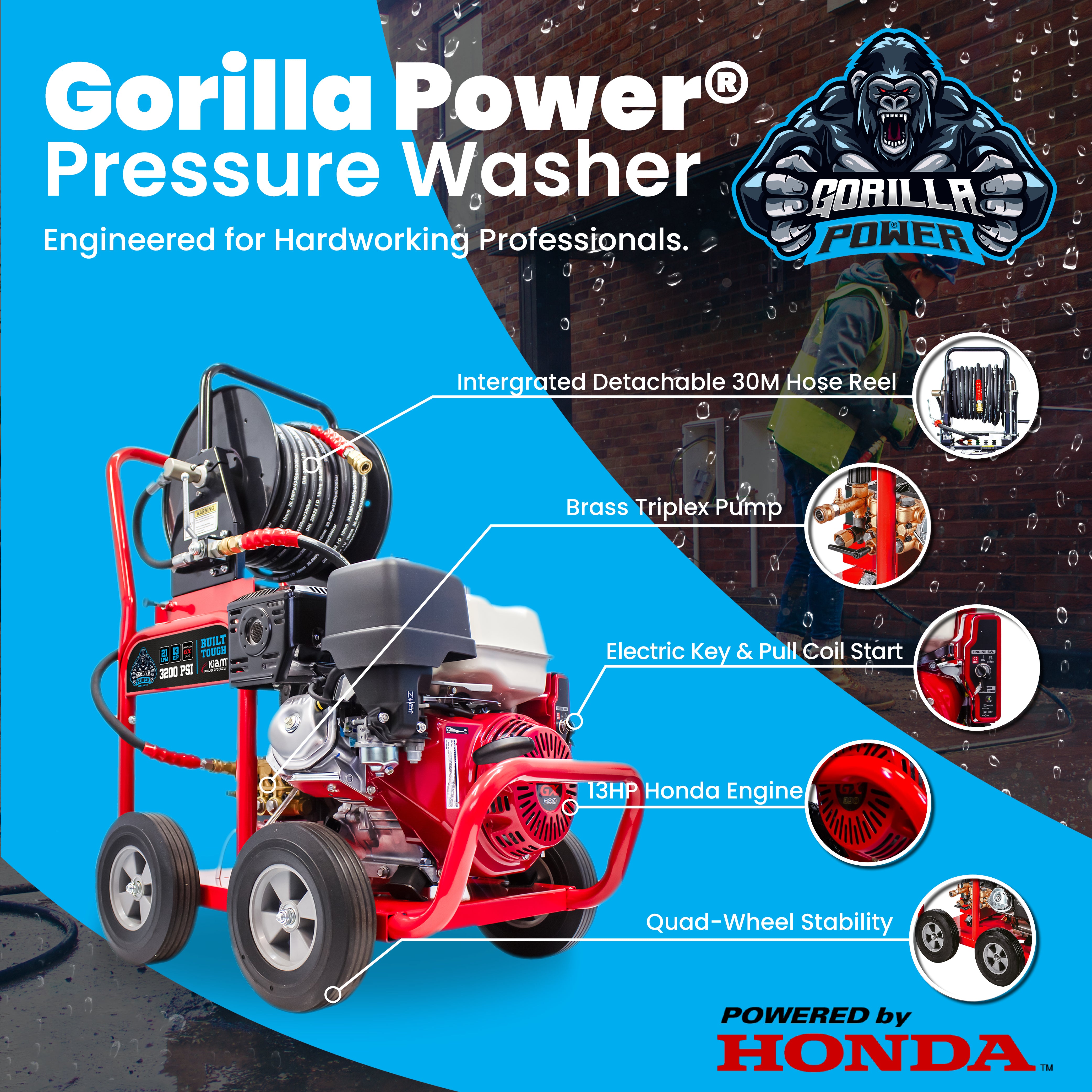 Kiam GORILLA POWER® 3200PSI 21LPM 13HP Petrol Pressure Washer Honda GX390 Engine