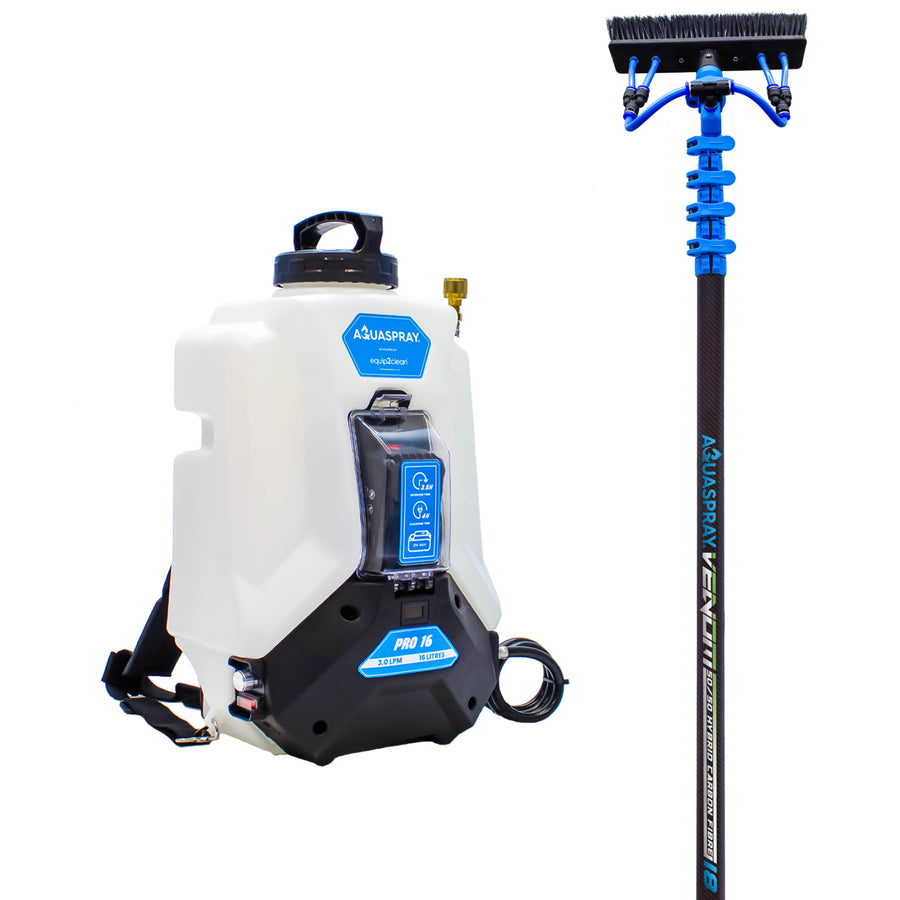 Aquaspray Pro 16L Battery Operated Water Spray Tank with Aquaspray Venom 18ft Hybrid 50% Carbon, 50% Fiberglass Waterfed Window Cleaning Pole