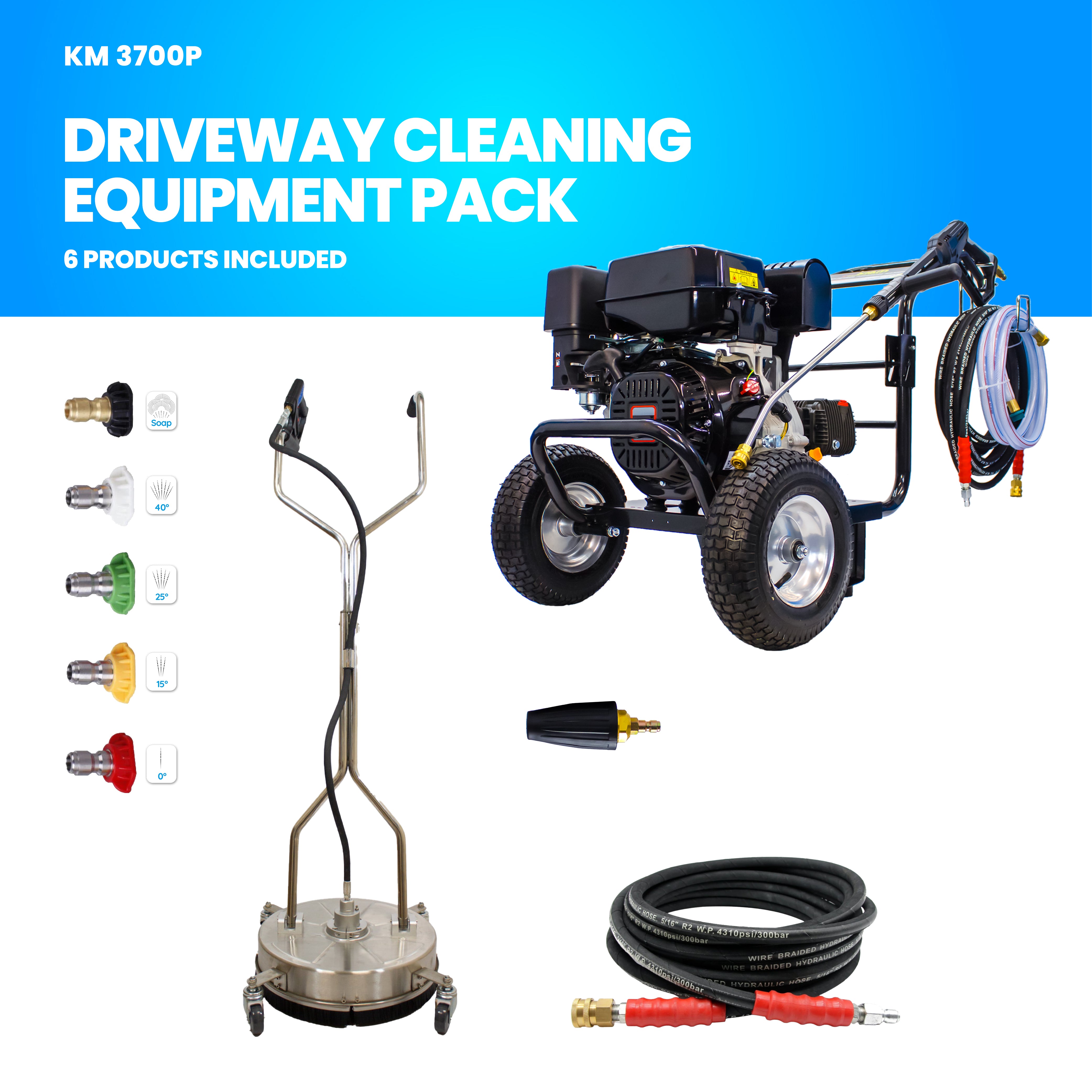 Driveway Cleaning Equipment - KM3700P Petrol Pressure Washer, SurfacePro Rotary Cleaner and Turbo Nozzle