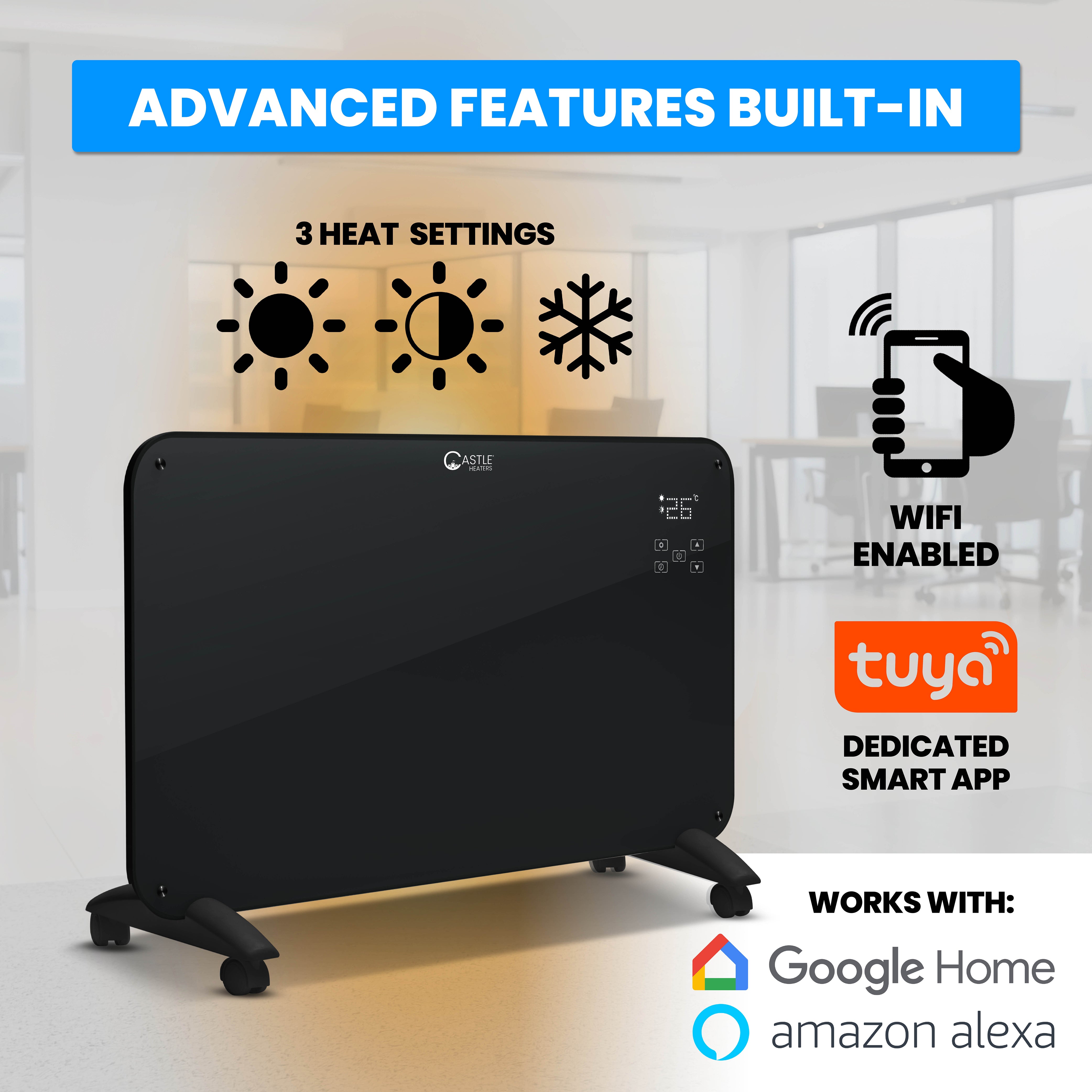 Designer Electric Glass Panel Heater 1000W With Smart WIFI Alexa, Remote Control and Timer - NR10