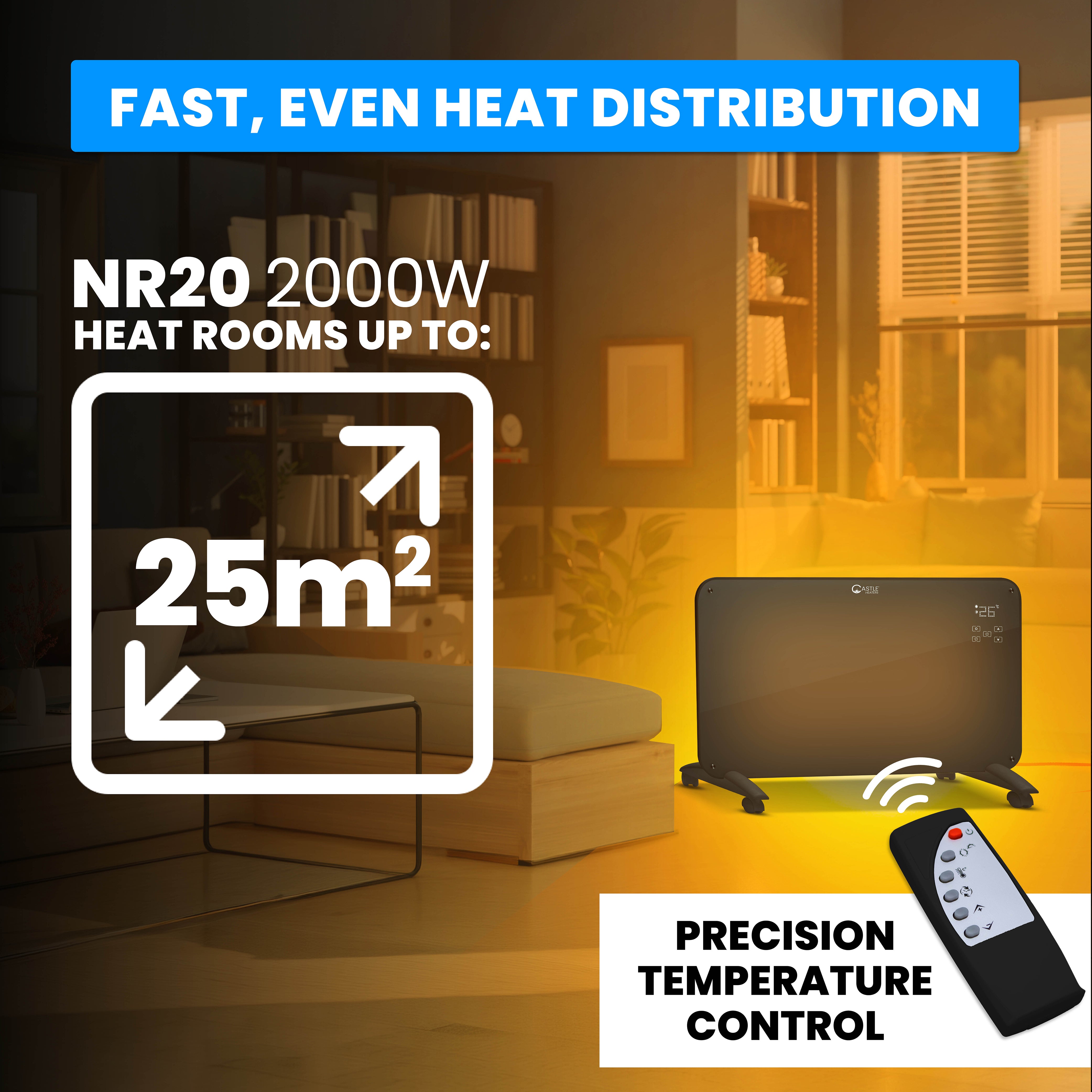Designer Electric Glass Panel Heater 2000W With Smart WIFI Alexa, Remote Control and Timer - NR20