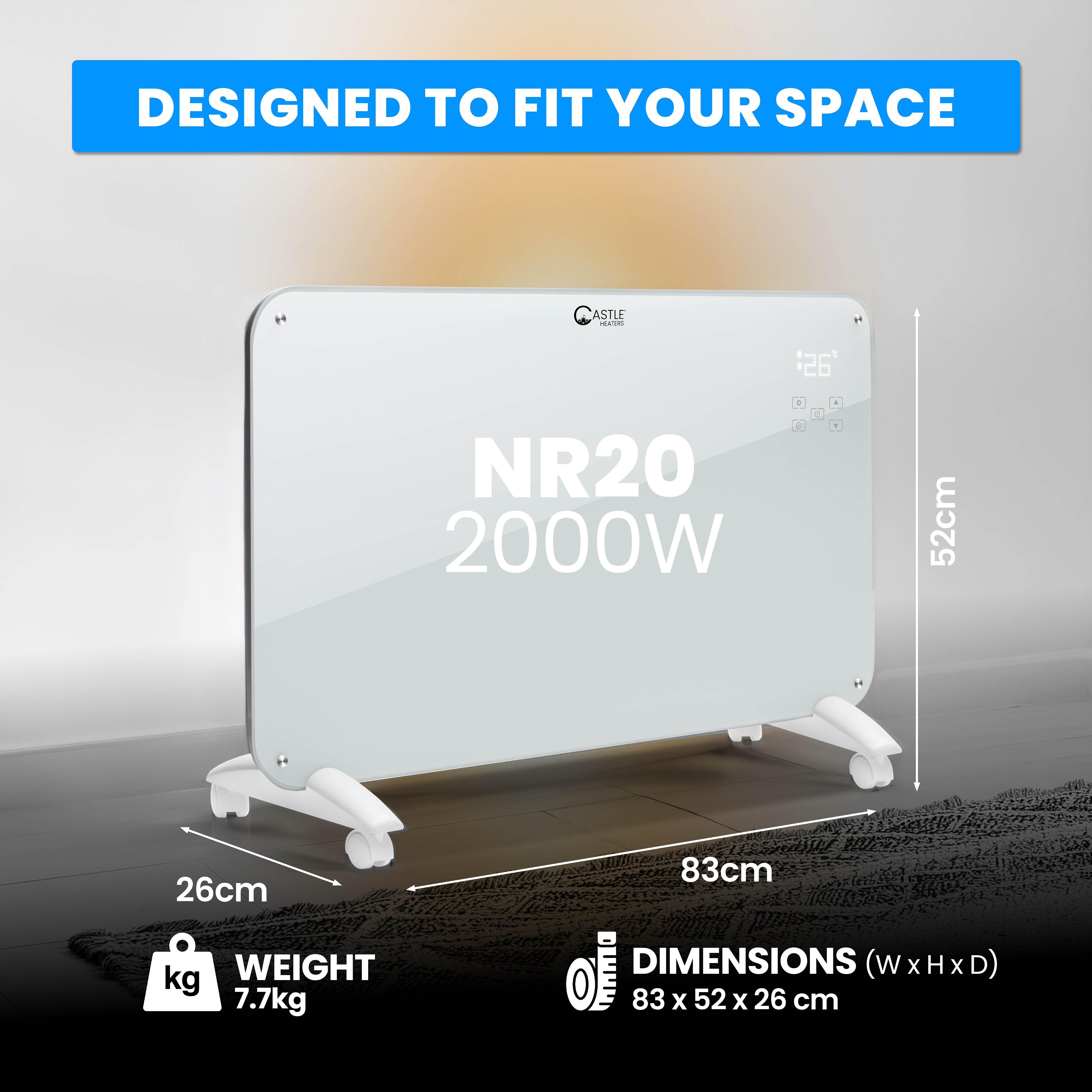 Designer Electric Glass Panel Heater 2000W With Smart WIFI Alexa, Remote Control and Timer - NR20
