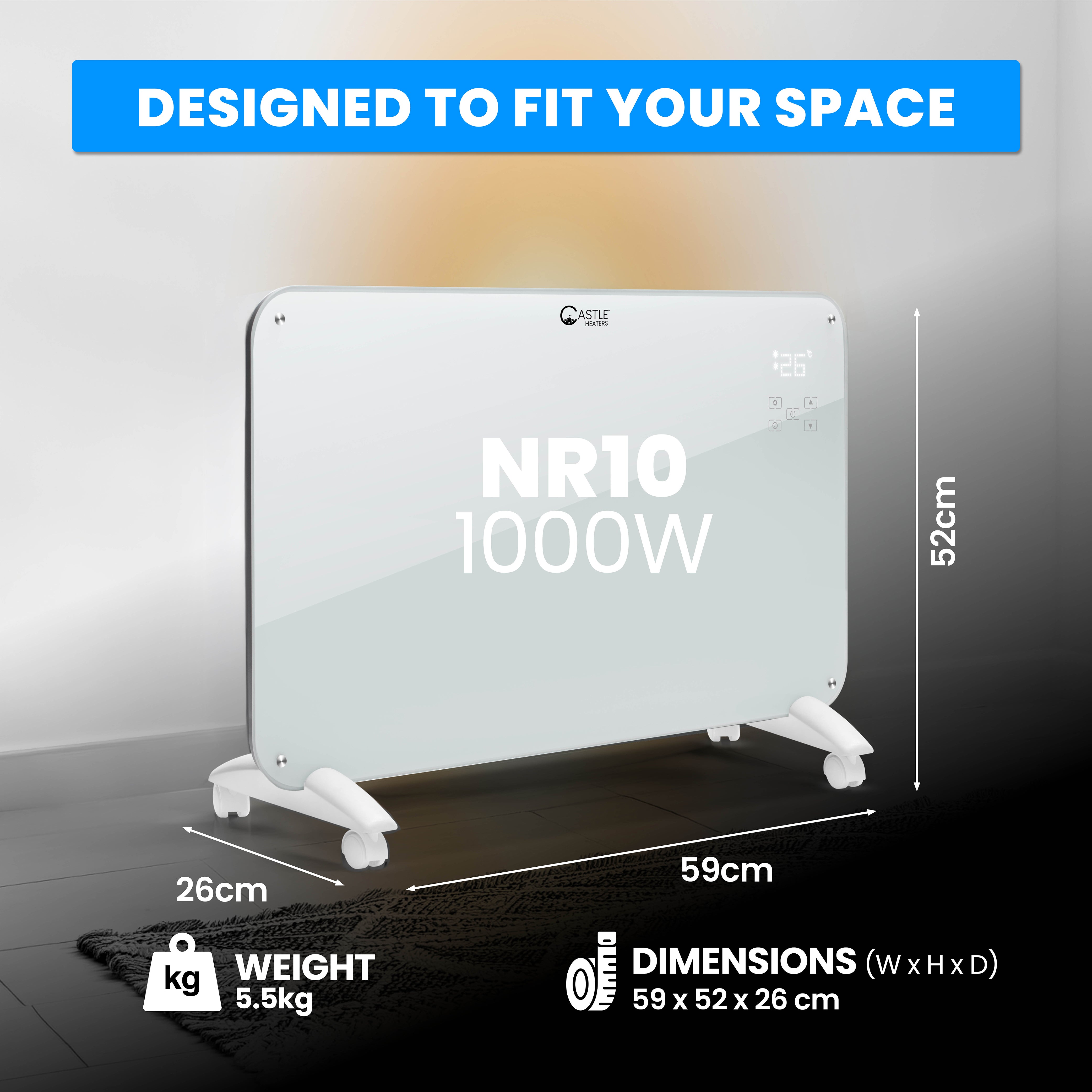 Designer Electric Glass Panel Heater 1000W With Smart WIFI Alexa, Remote Control and Timer - NR10