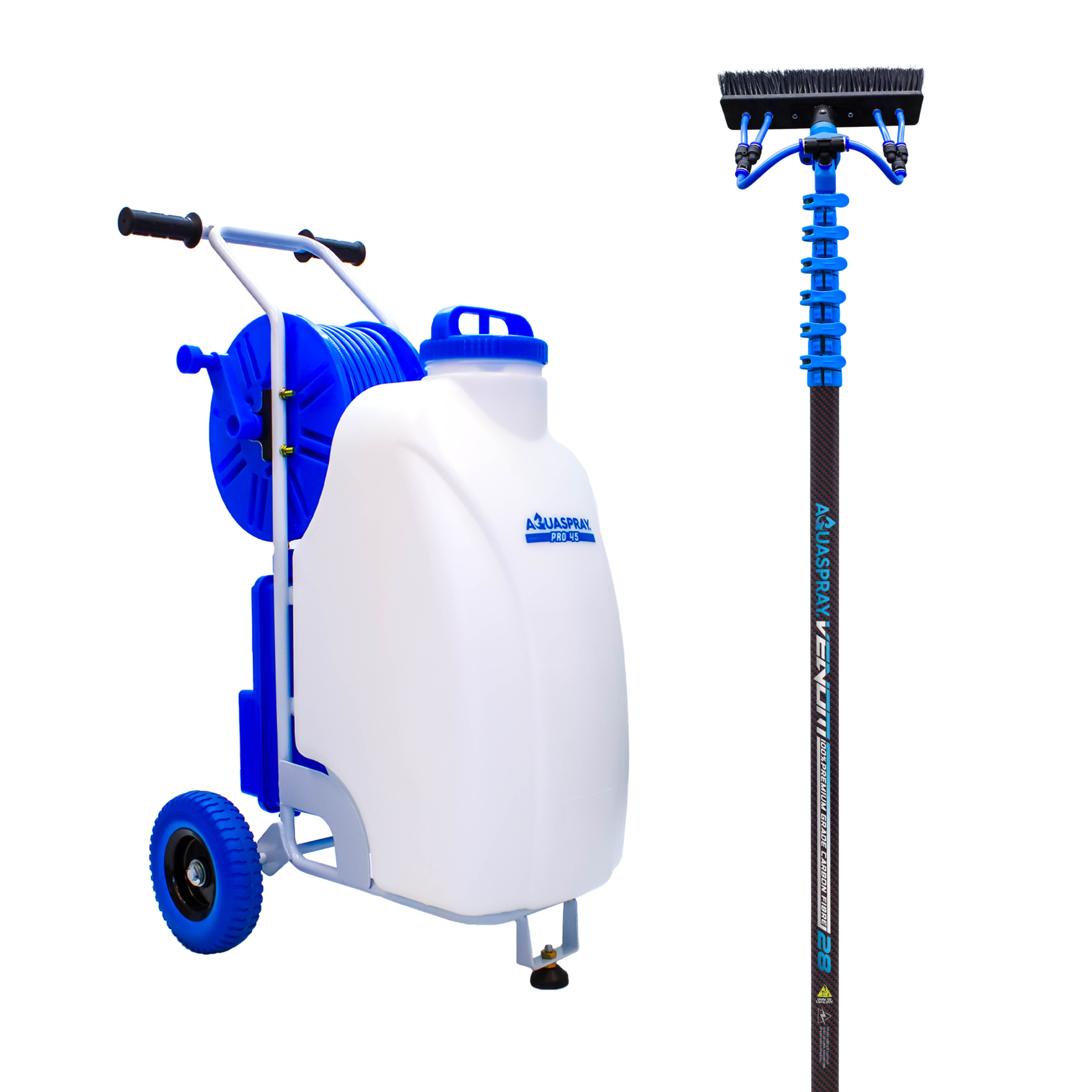 Réservoir de pulvérisation d'eau à piles Aquaspray Pro 45 L avec poteau en carbone de 28 pieds et système de raclette