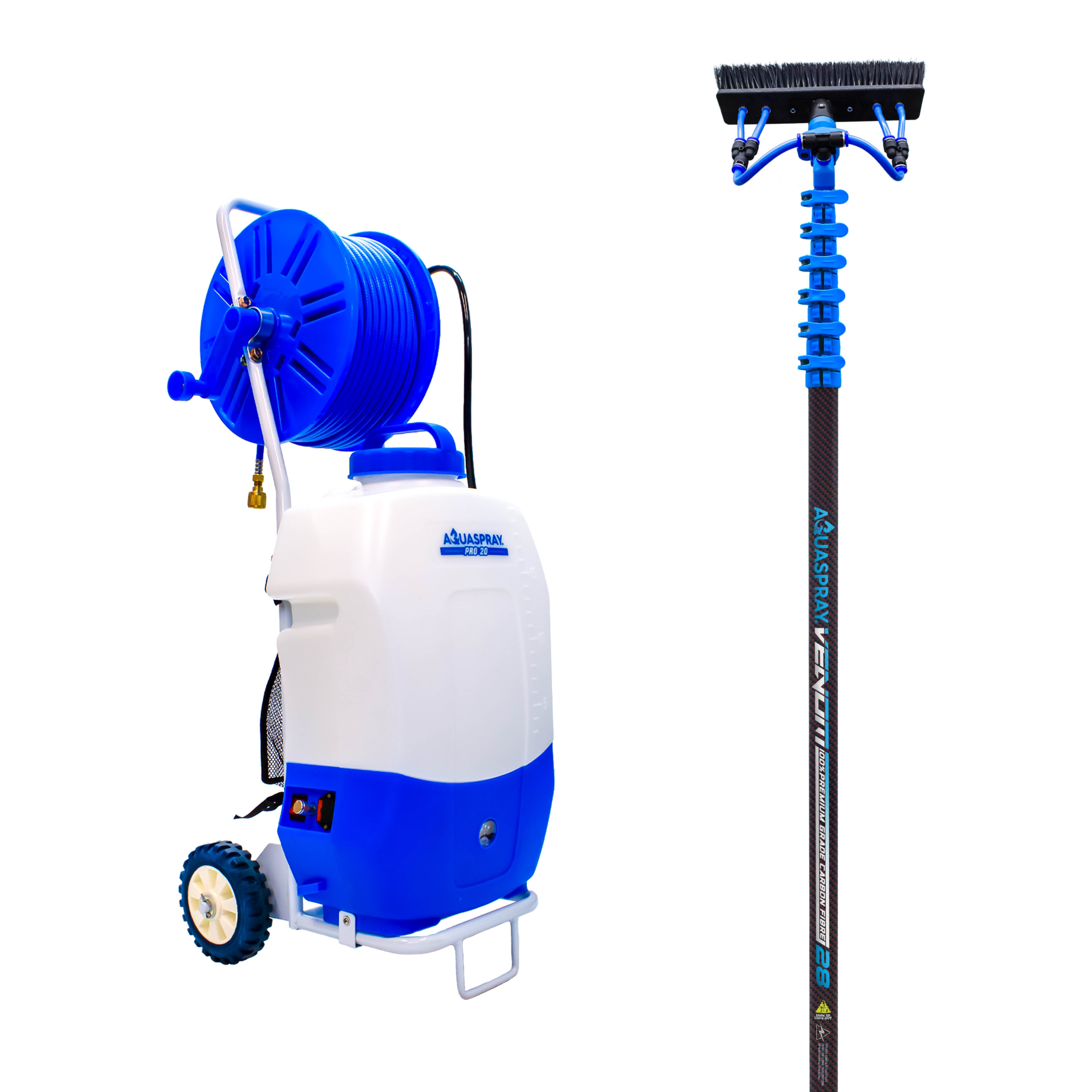 Aquaspray® Pro 20L Battery Operated Water Spray Tank with Aquaspray® Venom 28ft 100% Carbon Fibre Waterfed Window Cleaning Pole