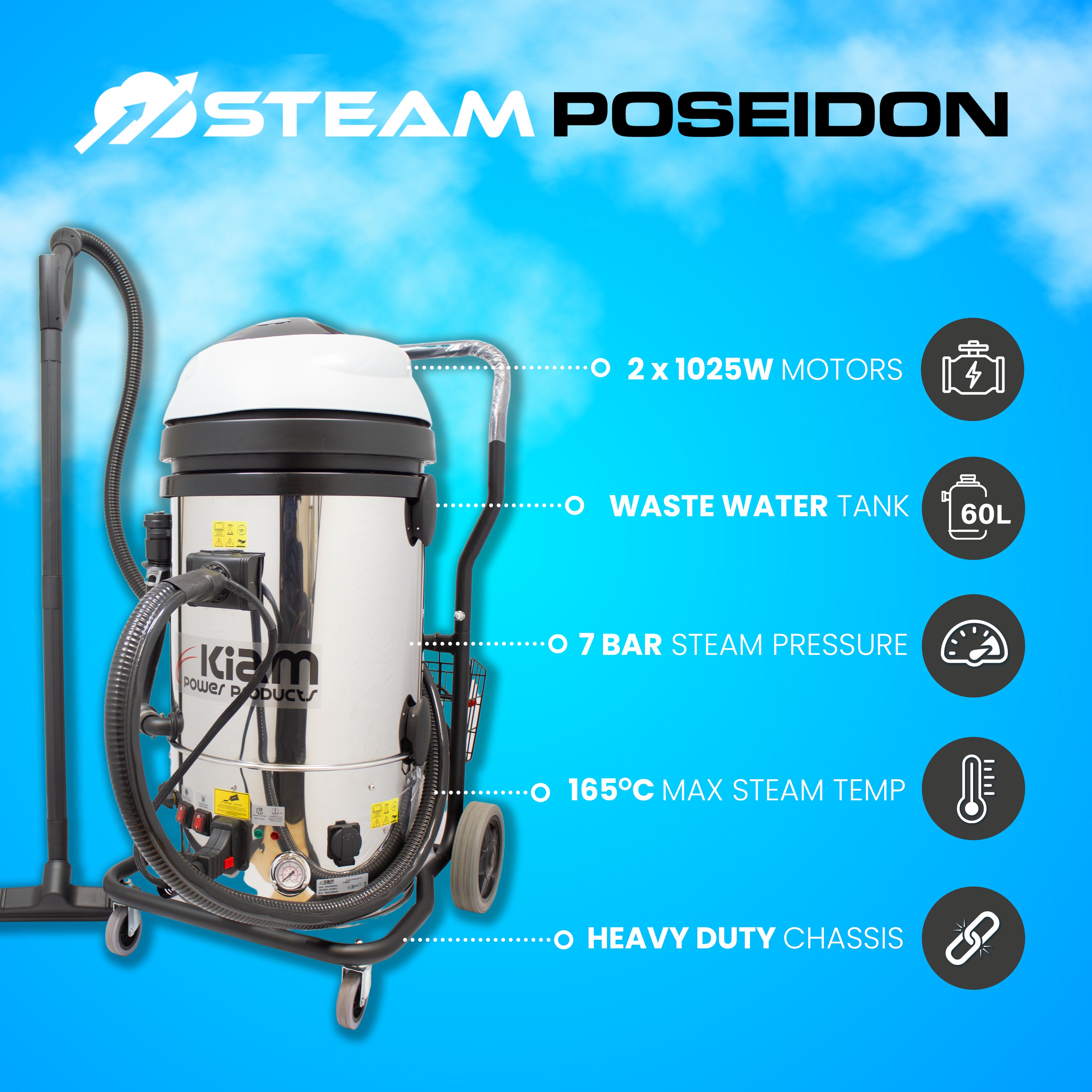 Steam Poseidon 60L Industrial Dry Steam Cleaner Vacuum