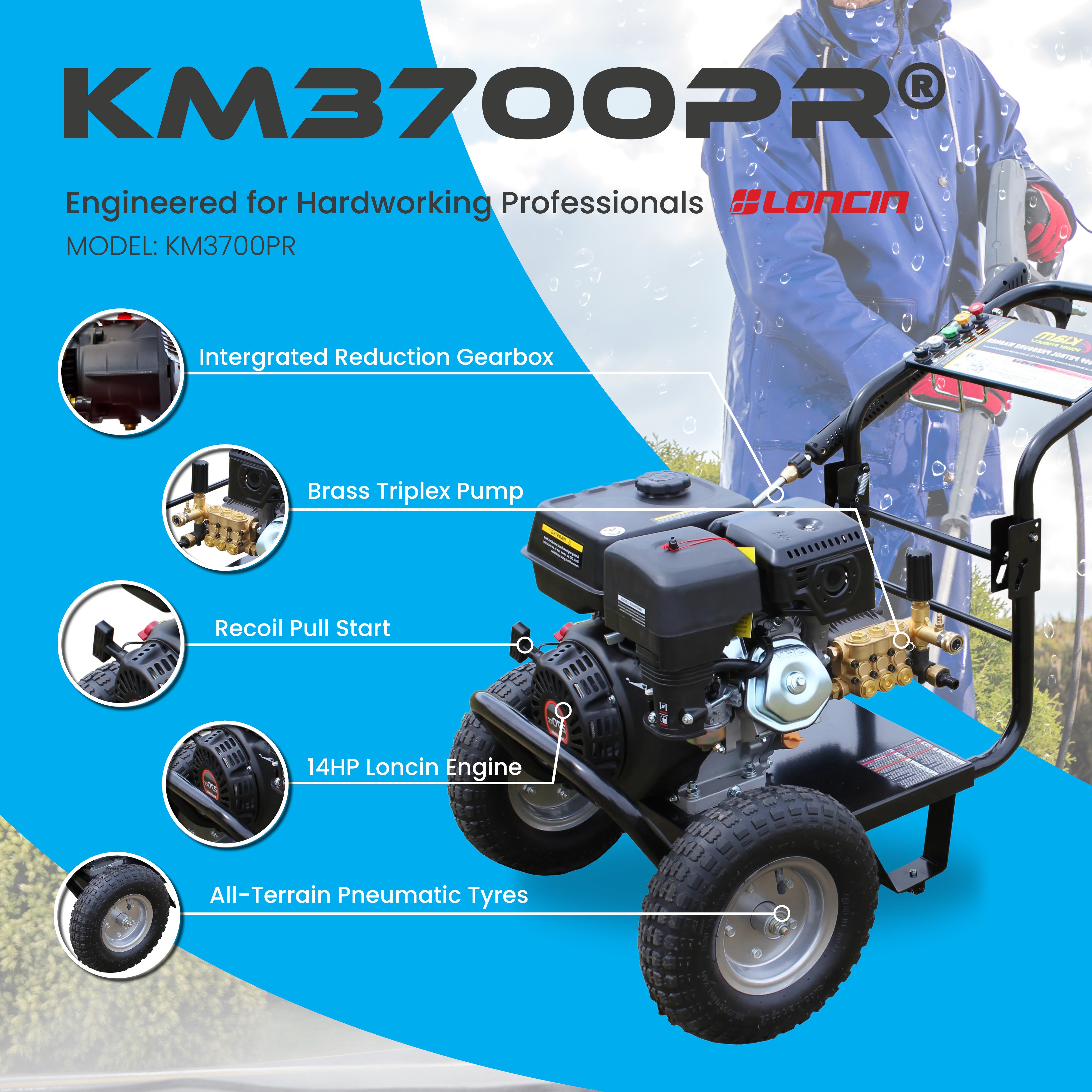 Kiam KM3700PR Petrol High Pressure Washer Jet Cleaner - Gearbox Version (14HP)