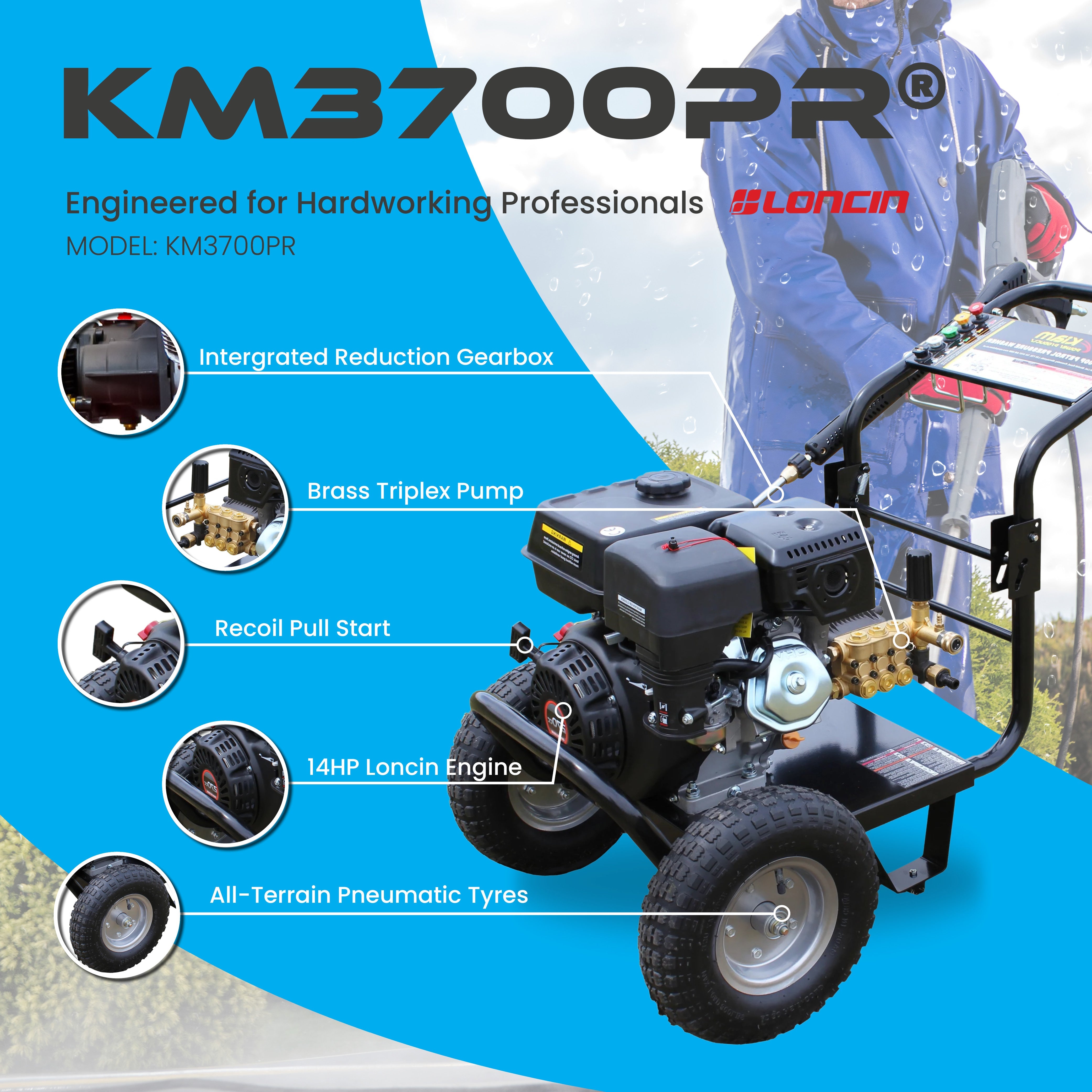 Nettoyeur à jet pour nettoyeur haute pression à essence Kiam KM3700PR - Version boîte de vitesses (14HP) 