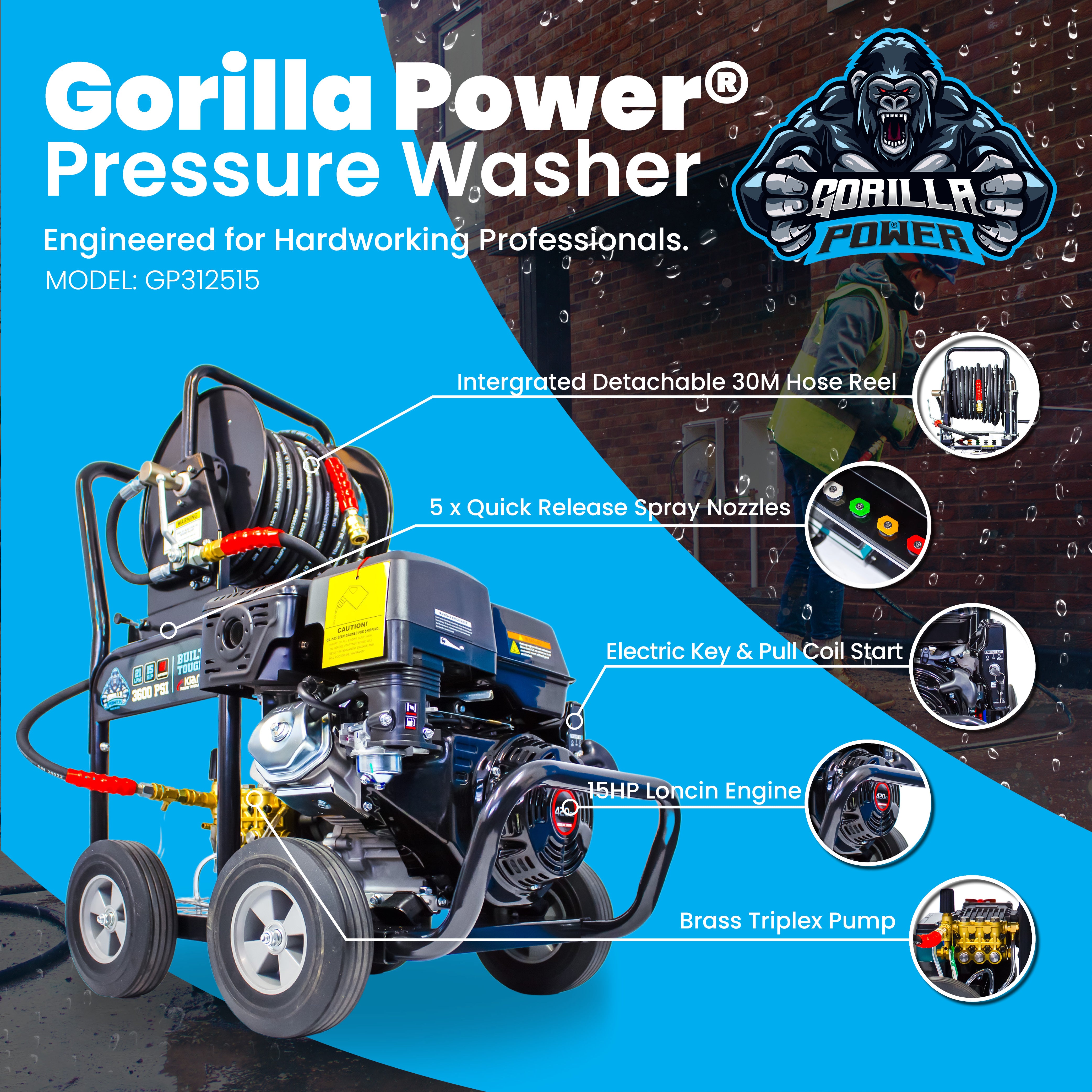 Kiam GORILLA POWER® 3100PSI 25LPM 15HP Petrol Pressure Washer Loncin Engine