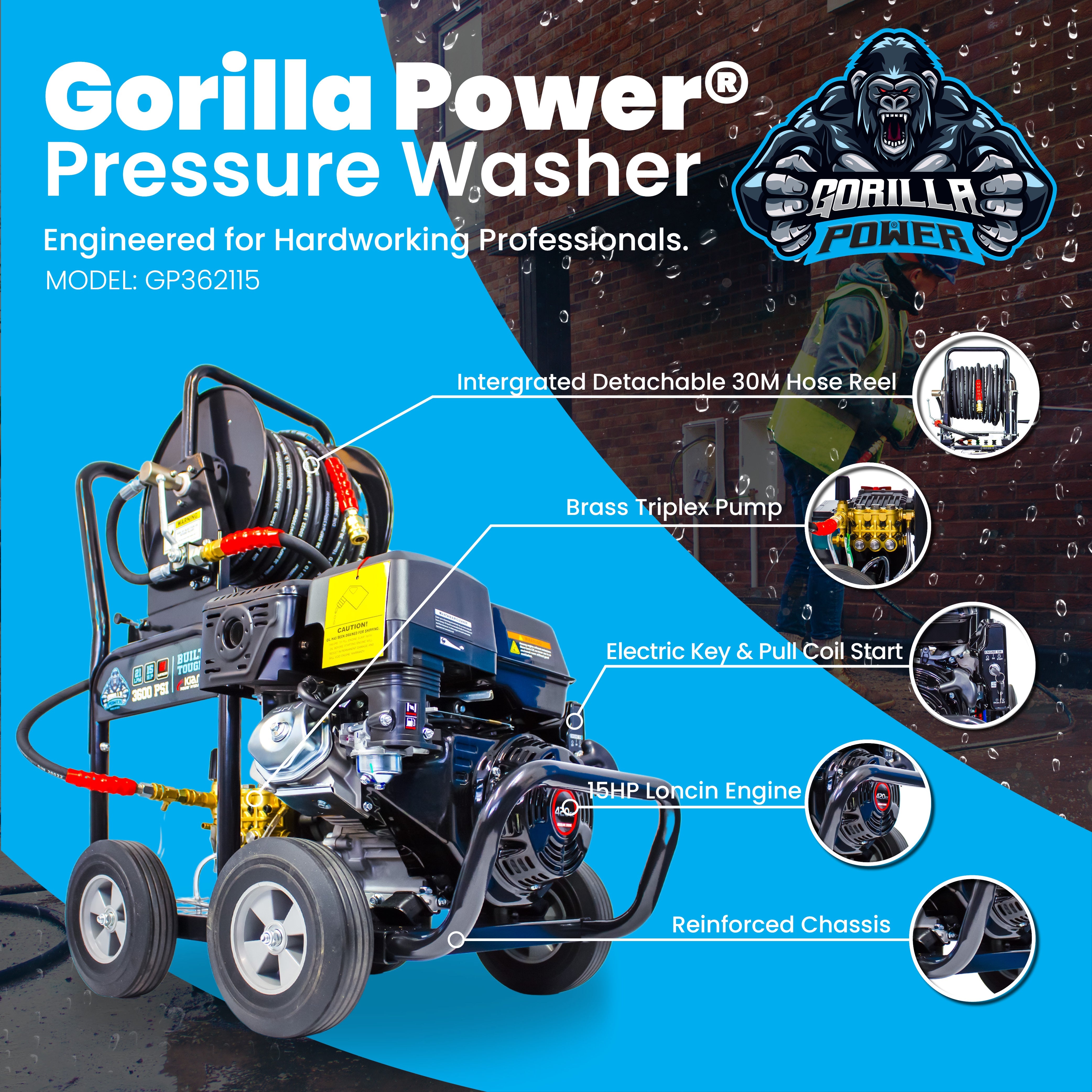 GRADE A Kiam GORILLA POWER® 3600PSI 21LPM 15HP Petrol Pressure Washer Loncin Engine