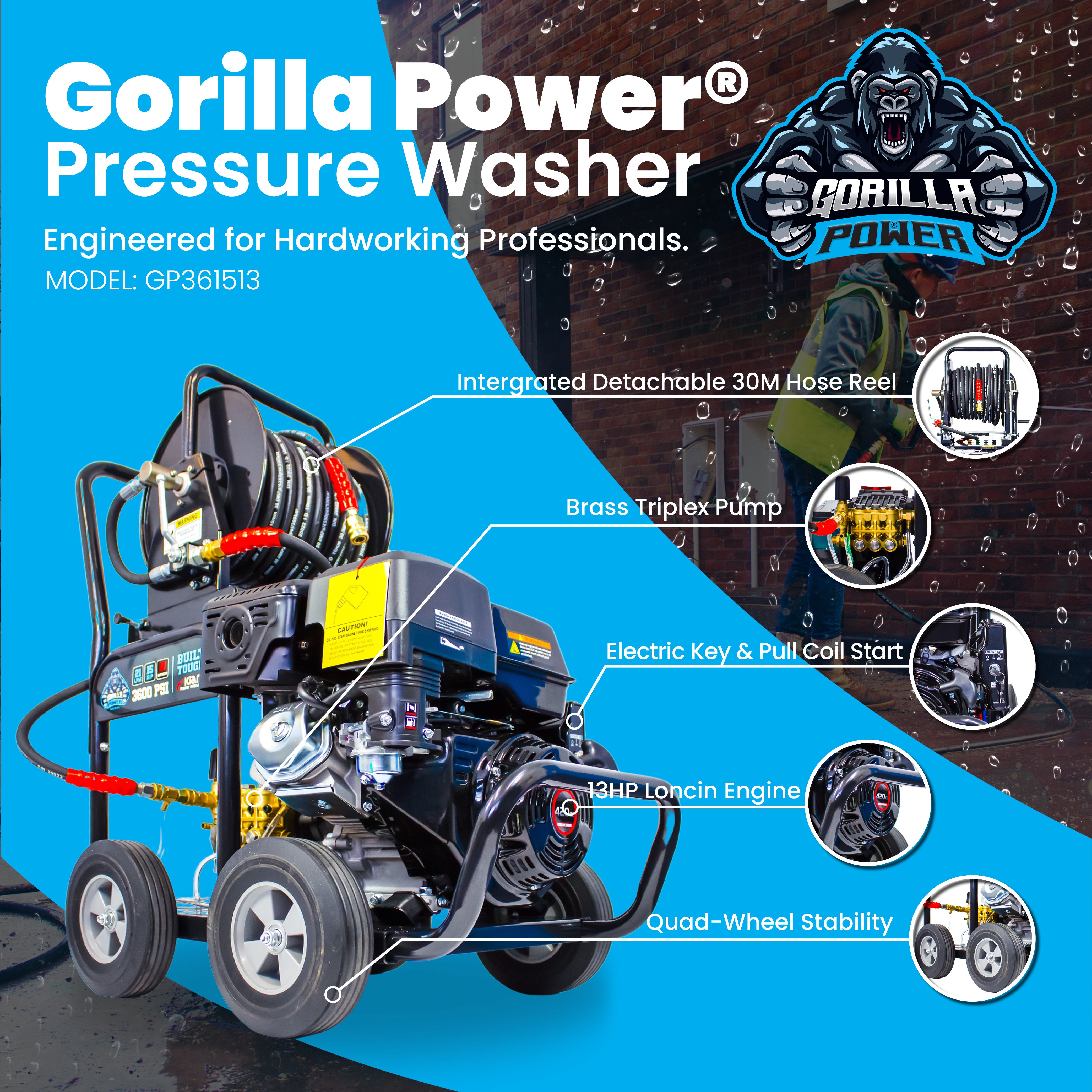 Kiam GORILLA POWER® 3600PSI 15LPM 13HP Petrol Pressure Washer Loncin Engine