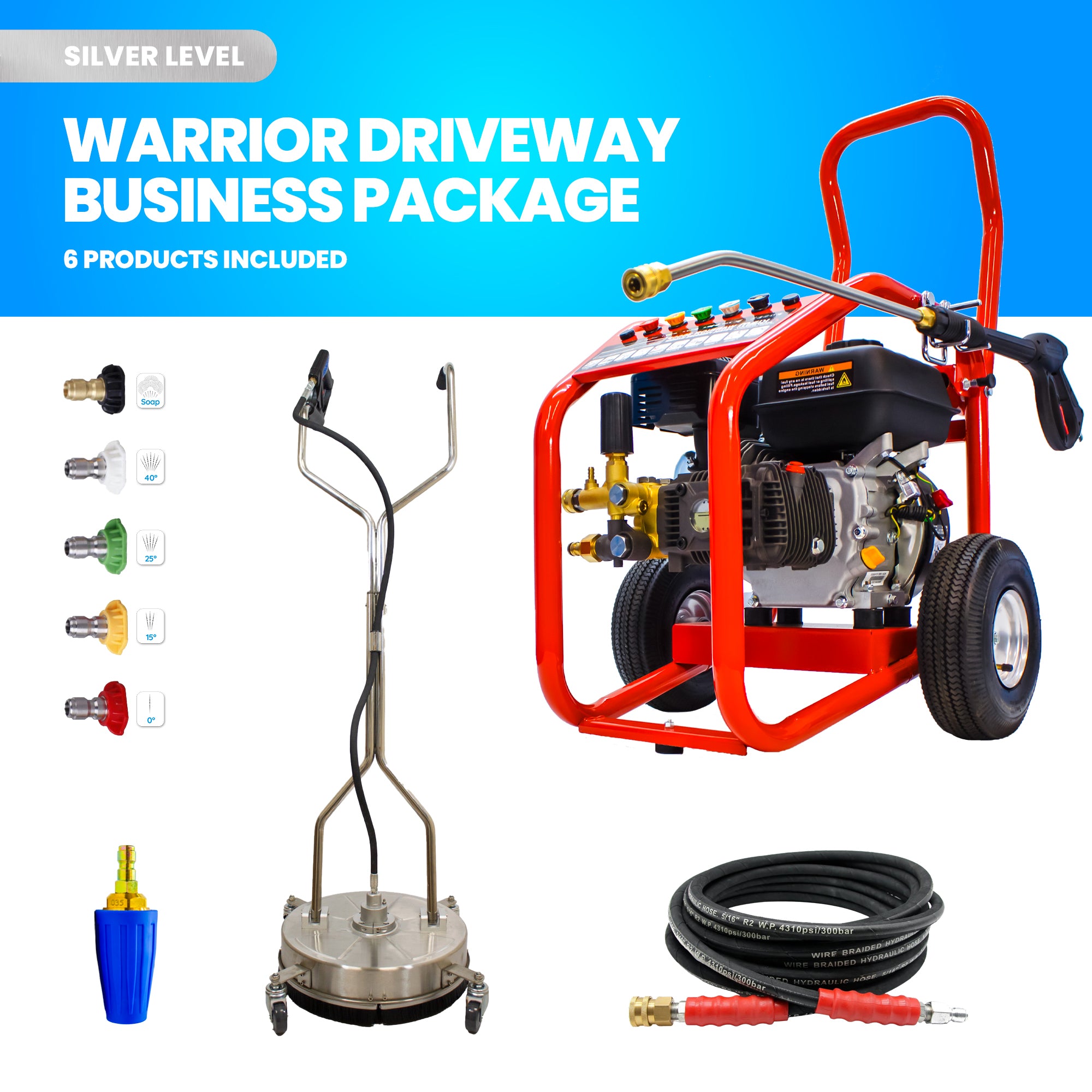 Driveway Cleaning Equipment - Warrior 3400P Petrol Pressure Washer, SurfacePro 18 Rotary Surface Cleaner and Turbo Nozzle