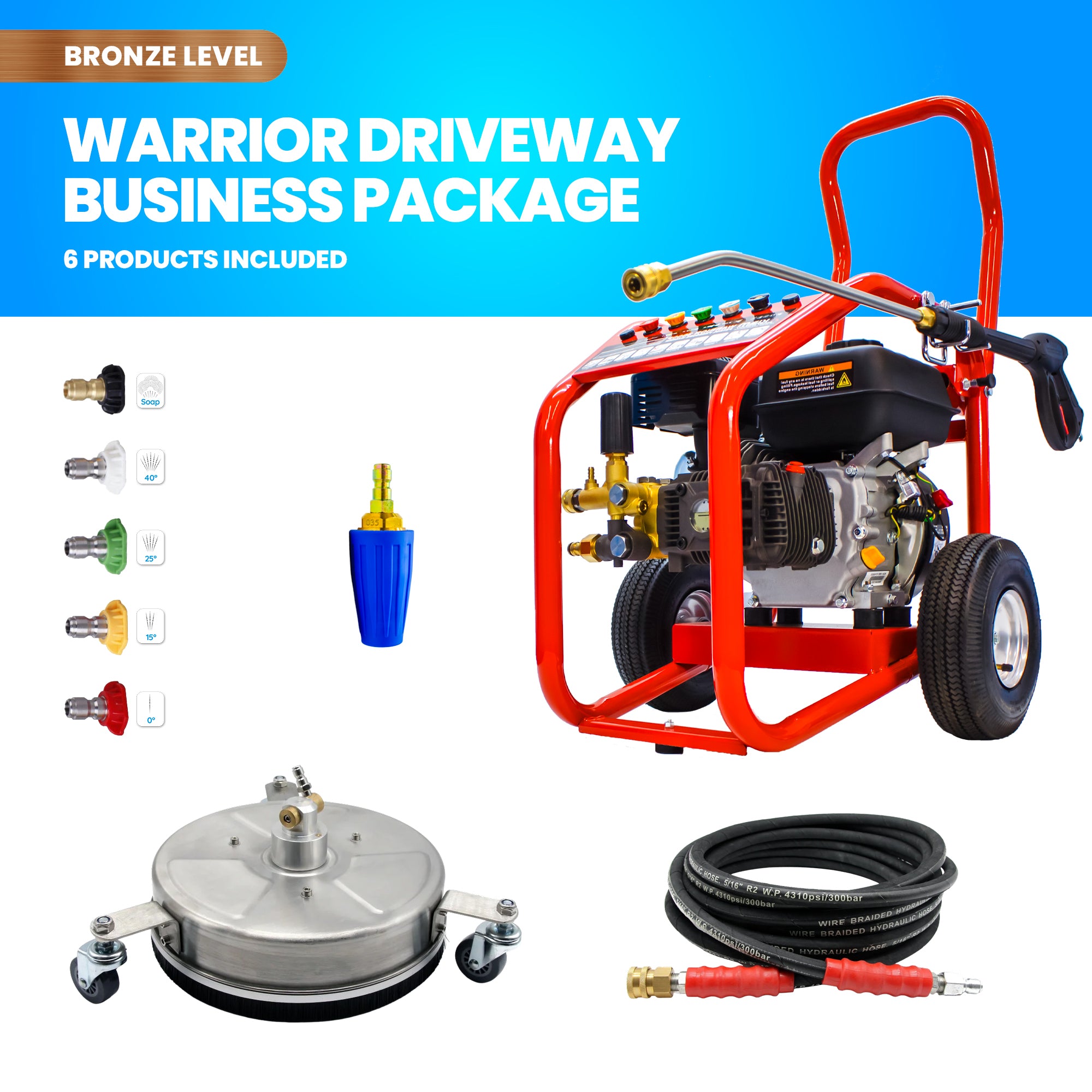 Driveway Cleaning Equipment - Warrior 3000P Petrol Pressure Washer, SurfacePro 12 Rotary Surface Cleaner and Turbo Nozzle