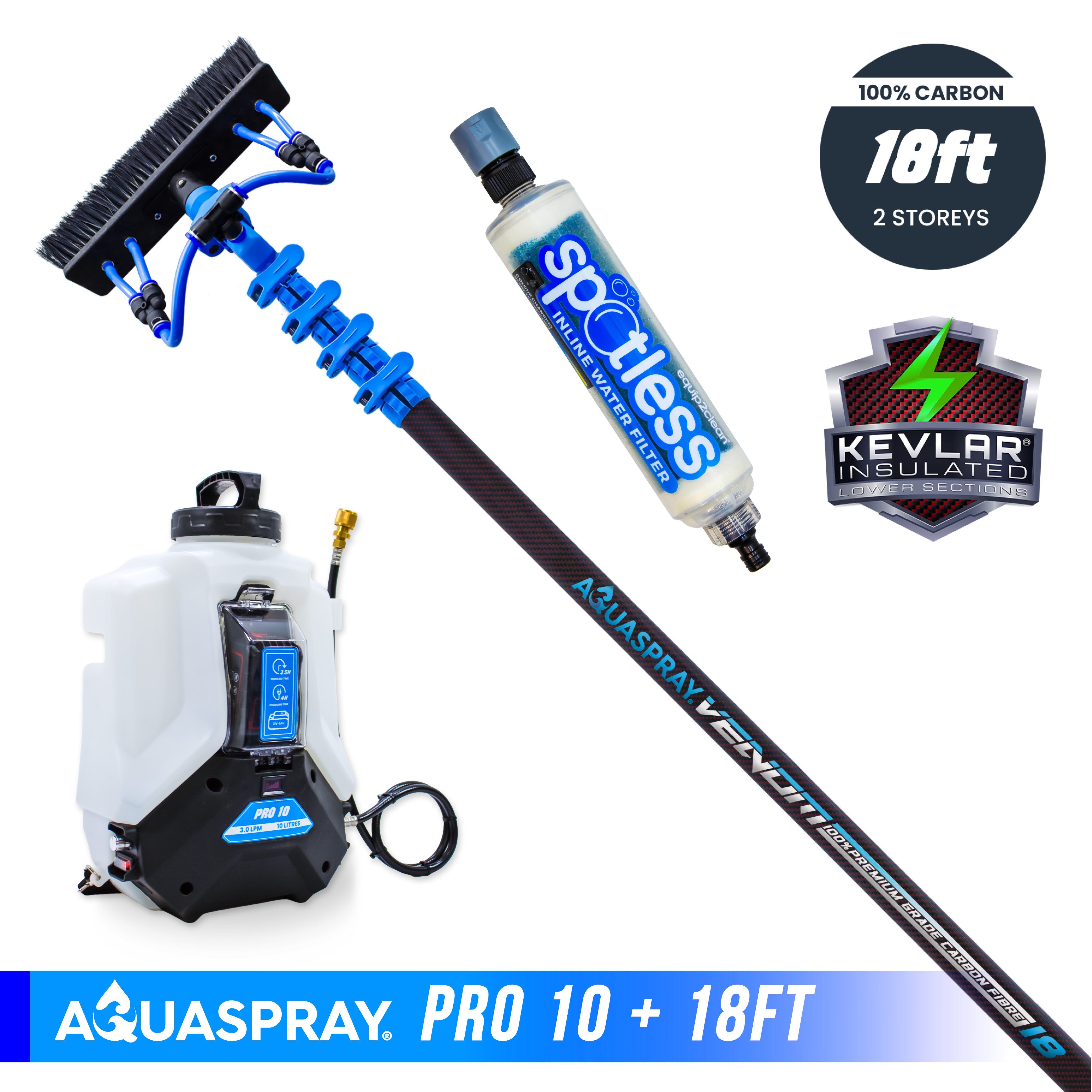 Aquaspray® Venom 100% Carbon Fibre KEVLAR INSULATED Water-Fed Pole & Spray Tank Pack | 18ft–40ft