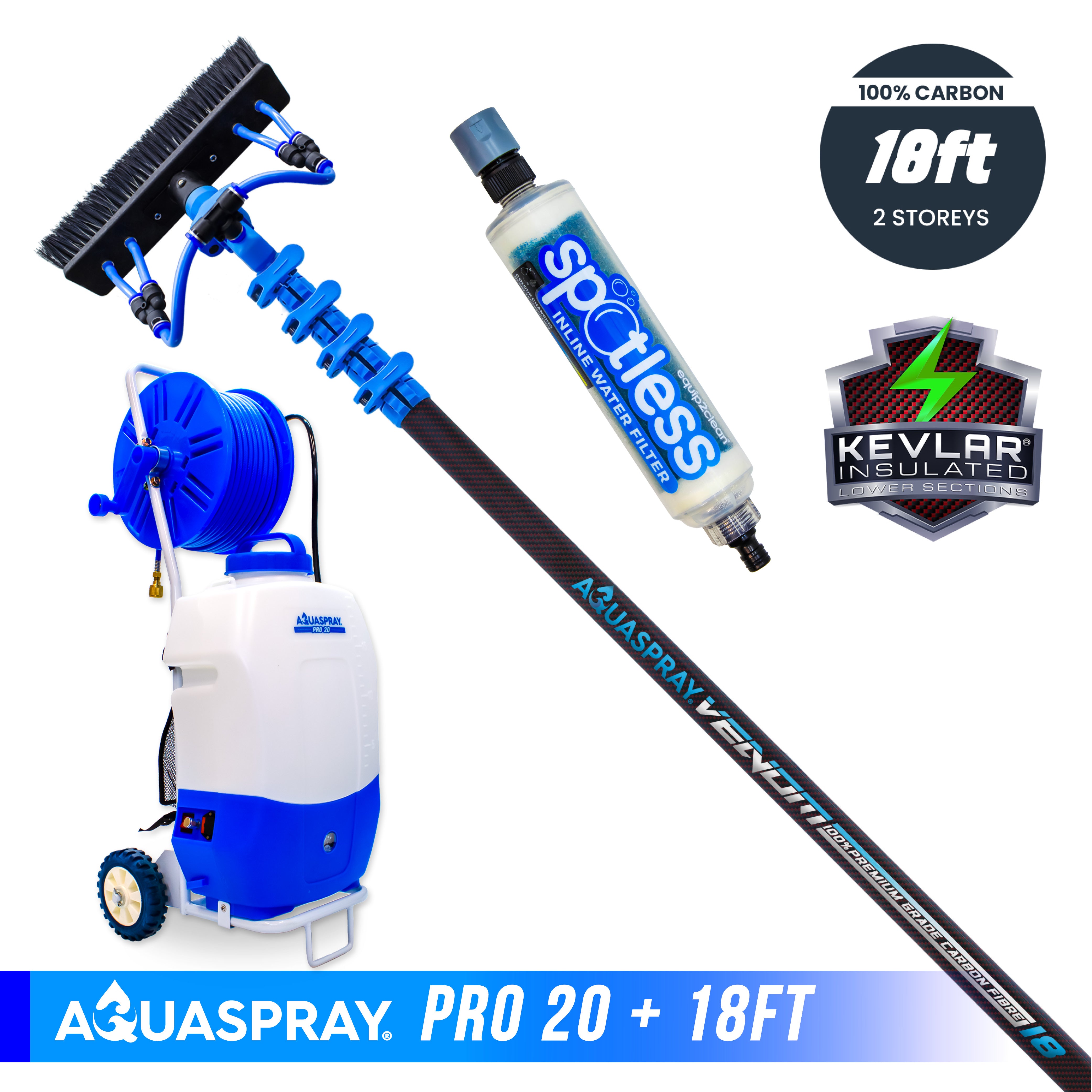 Aquaspray® Venom 100% Carbon Fibre KEVLAR INSULATED Water-Fed Pole & Spray Tank Pack | 18ft–40ft