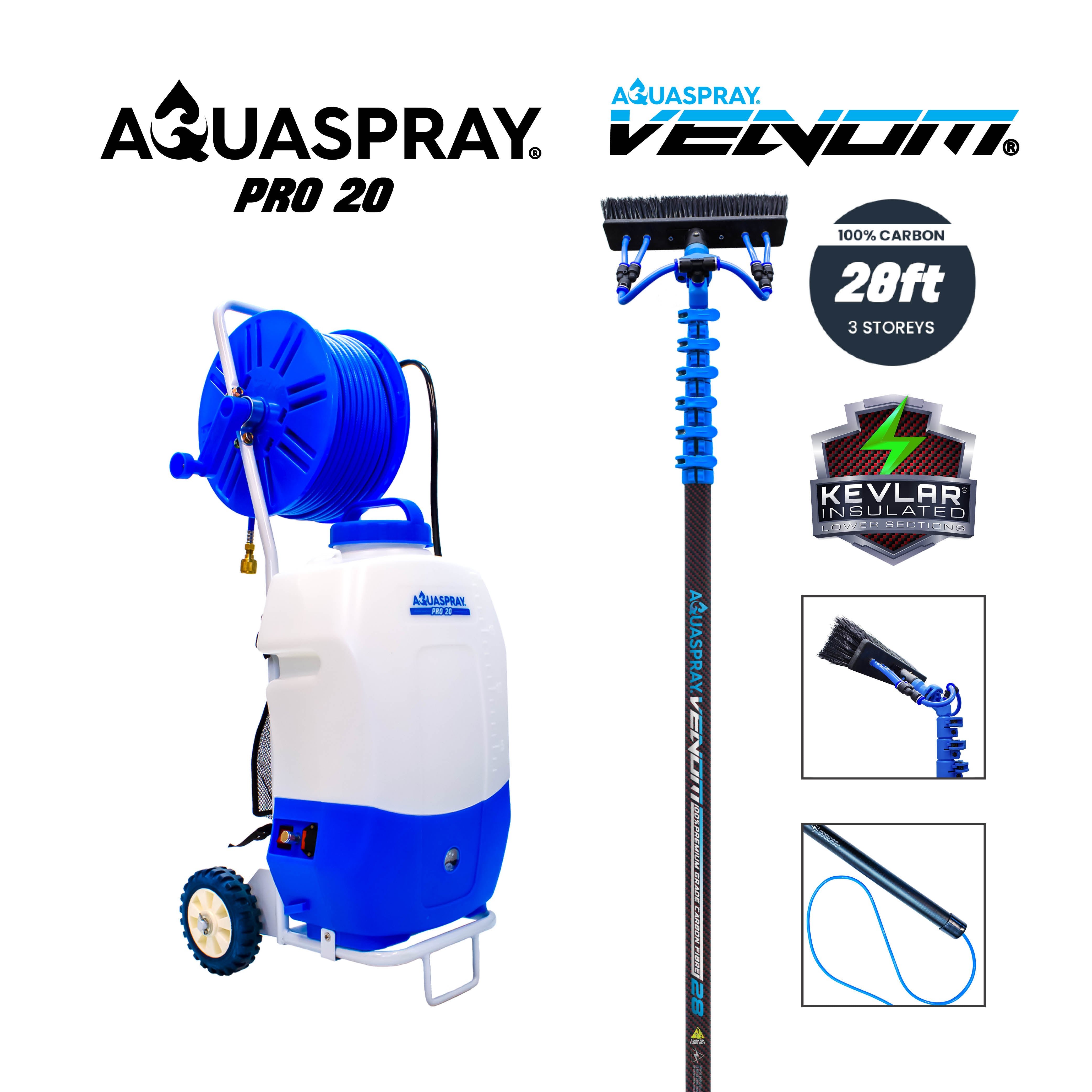 Aquaspray® Pro 20L Battery Operated Water Spray Tank with Aquaspray® Venom 28ft 100% Carbon Fibre Waterfed Window Cleaning Pole